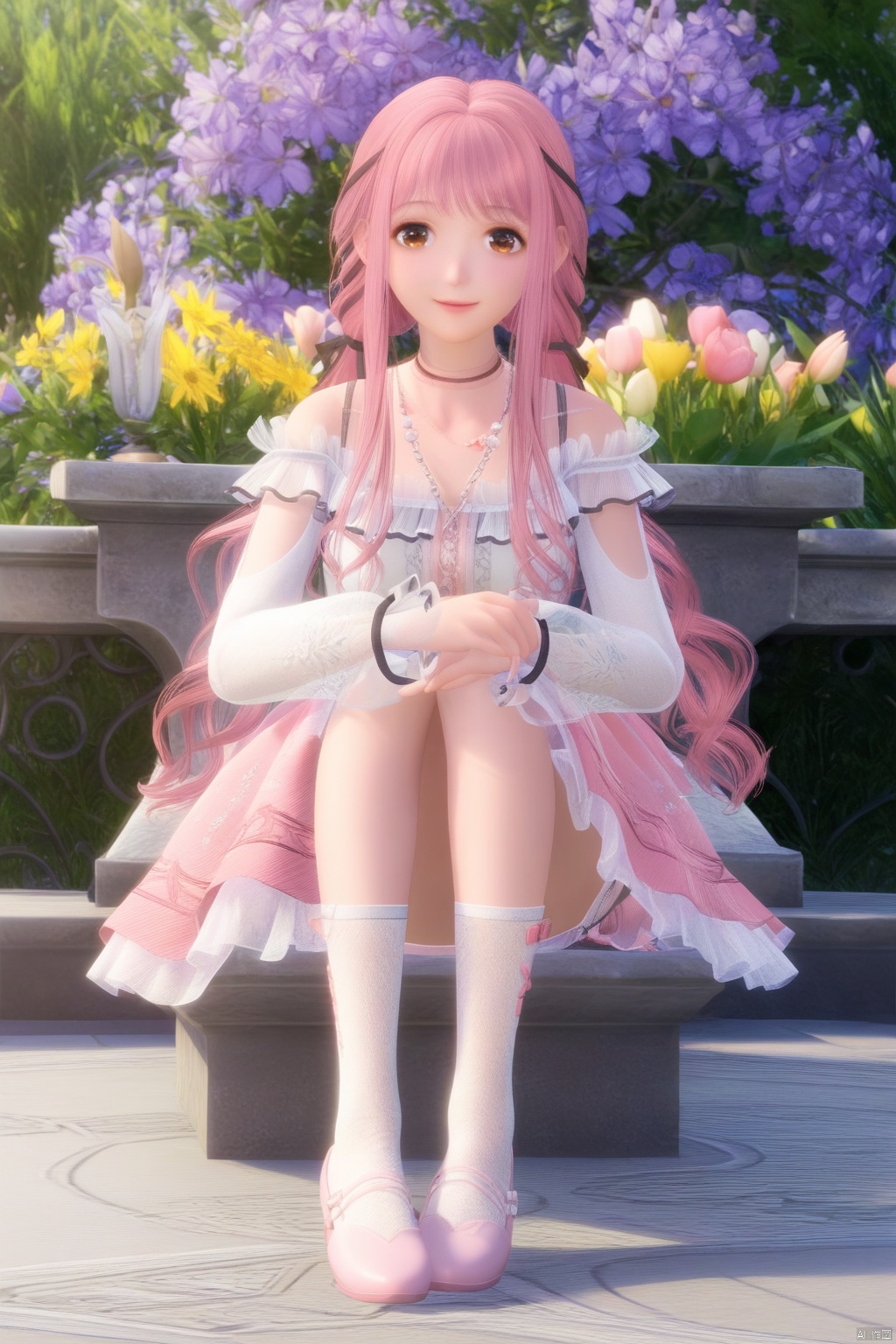 masterpiece, best quality, masterpiece,best quality,official art,extremely detailed CG unity 8k wallpaper,1girl,solo,long hair,looking at viewer,bangs,skirt,long sleeves,dress,brown eyes,jewelry,pink hair,braid,flower,outdoors,frills,necklace,see-through,pink skirt,see-through sleeves,socks,shoes,happy,hugging own legs,(hugging own legs:1.3),sitting