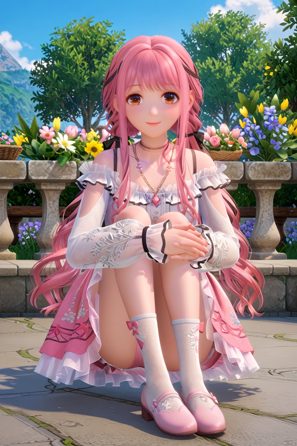masterpiece, best quality, masterpiece,best quality,official art,extremely detailed CG unity 8k wallpaper,1girl,solo,long hair,looking at viewer,bangs,skirt,long sleeves,dress,brown eyes,jewelry,pink hair,braid,flower,outdoors,frills,necklace,see-through,pink skirt,see-through sleeves,socks,shoes,happy,hugging own legs,(hugging own legs:1.3),sitting