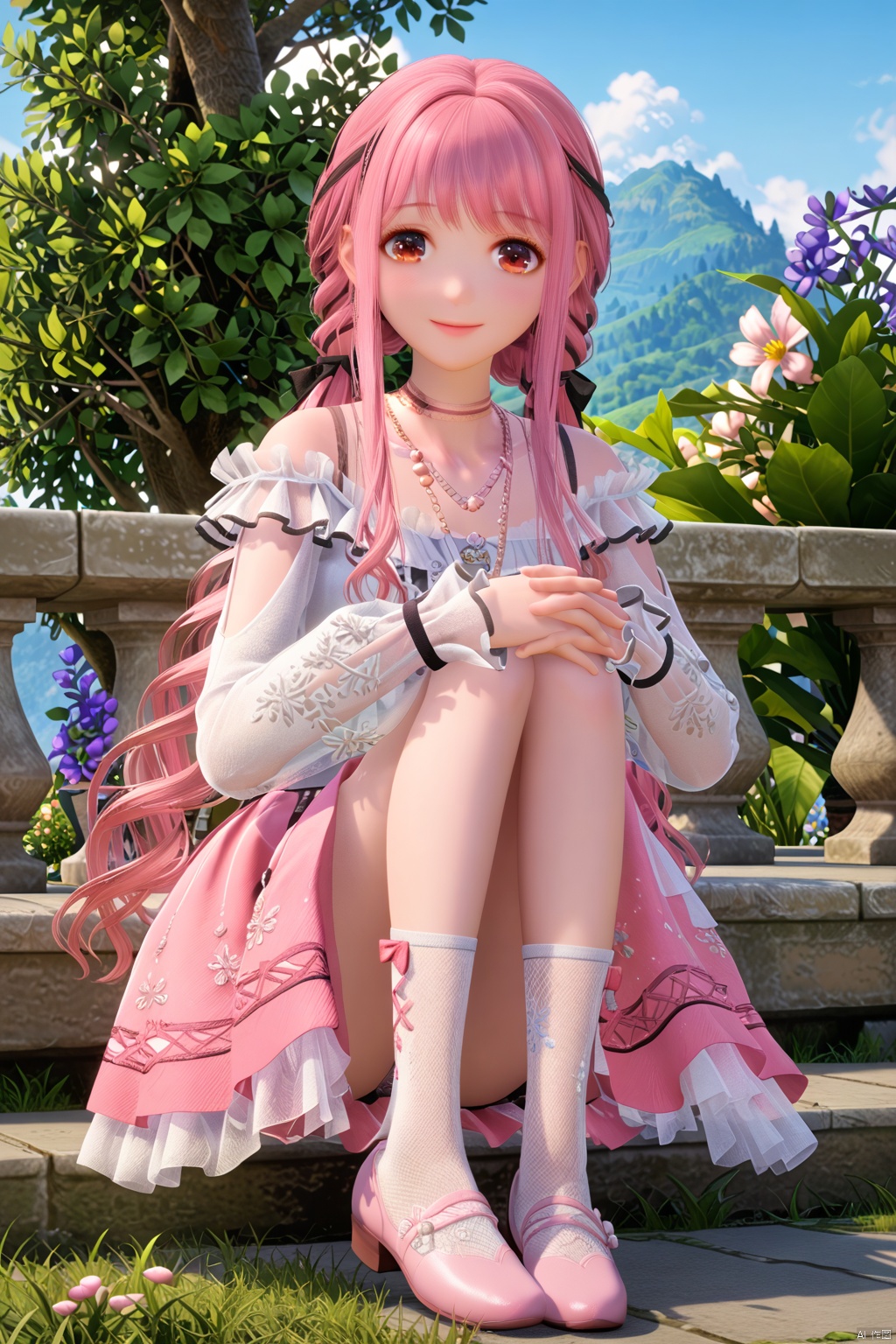 masterpiece, best quality, masterpiece,best quality,official art,extremely detailed CG unity 8k wallpaper,1girl,solo,long hair,looking at viewer,bangs,skirt,long sleeves,dress,brown eyes,jewelry,pink hair,braid,flower,outdoors,frills,necklace,see-through,pink skirt,see-through sleeves,socks,shoes,happy,hugging own legs,(hugging own legs:1.3),sitting