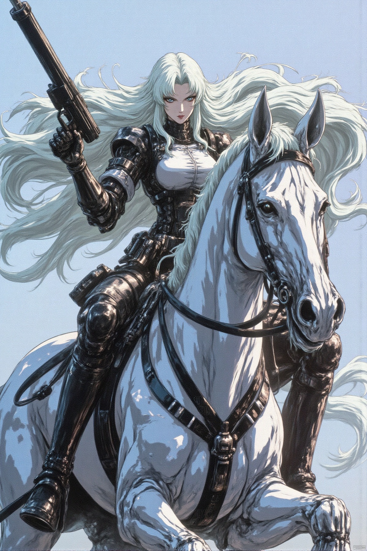 a semi robotic female knight riding a white mechanical horse with flowing long hair and holding a handgun is a future police officer,white future technology style,