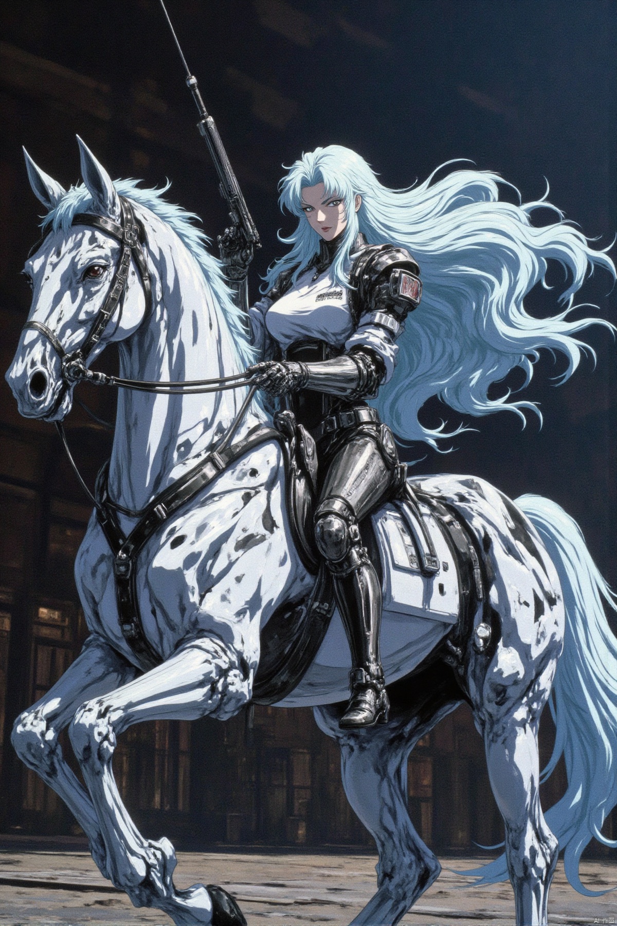 a semi robotic female knight riding a white mechanical horse with flowing long hair and holding a handgun is a future police officer,white future technology style,