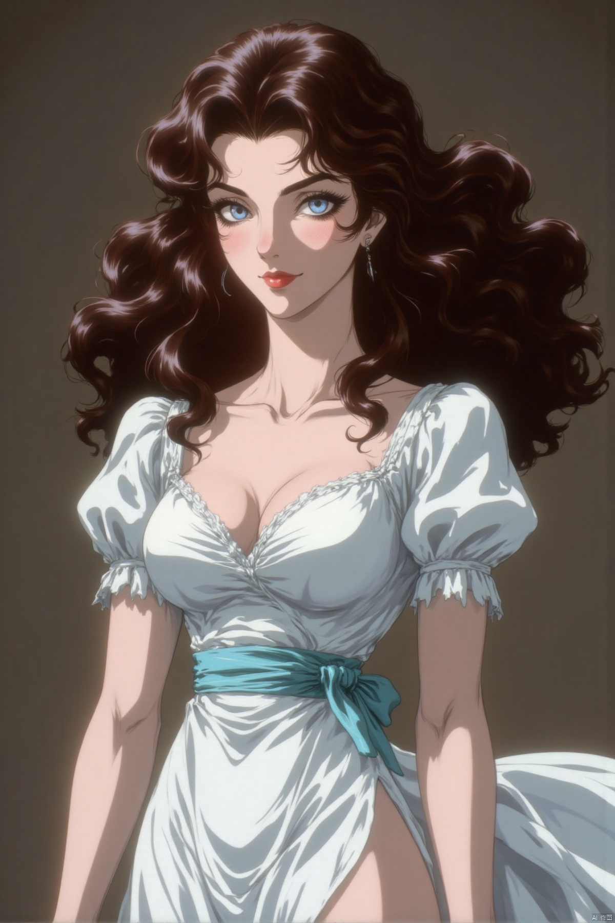 This woman is tall and well-proportioned, with a head of soft brown curly hair naturally draping over her shoulders. Her face is exquisite, and her fair skin is as warm and smooth as suet jade. Her tall nose makes her side profile appear more three-dimensional.
Her eyes are deep blue, like a peaceful lake, and her gaze reveals gentleness and intelligence. Her eyebrows are curved like crescent moons, adding a touch of softness to her face.
She is wearing a simple white dress. The hem of the dress gently sways with her steps. A light blue ribbon is tied around her waist, highlighting her slender waist even more.
Her lips are rosy and lustrous. When she smiles, a row of white and neat teeth are revealed, making her feel kind and charming.