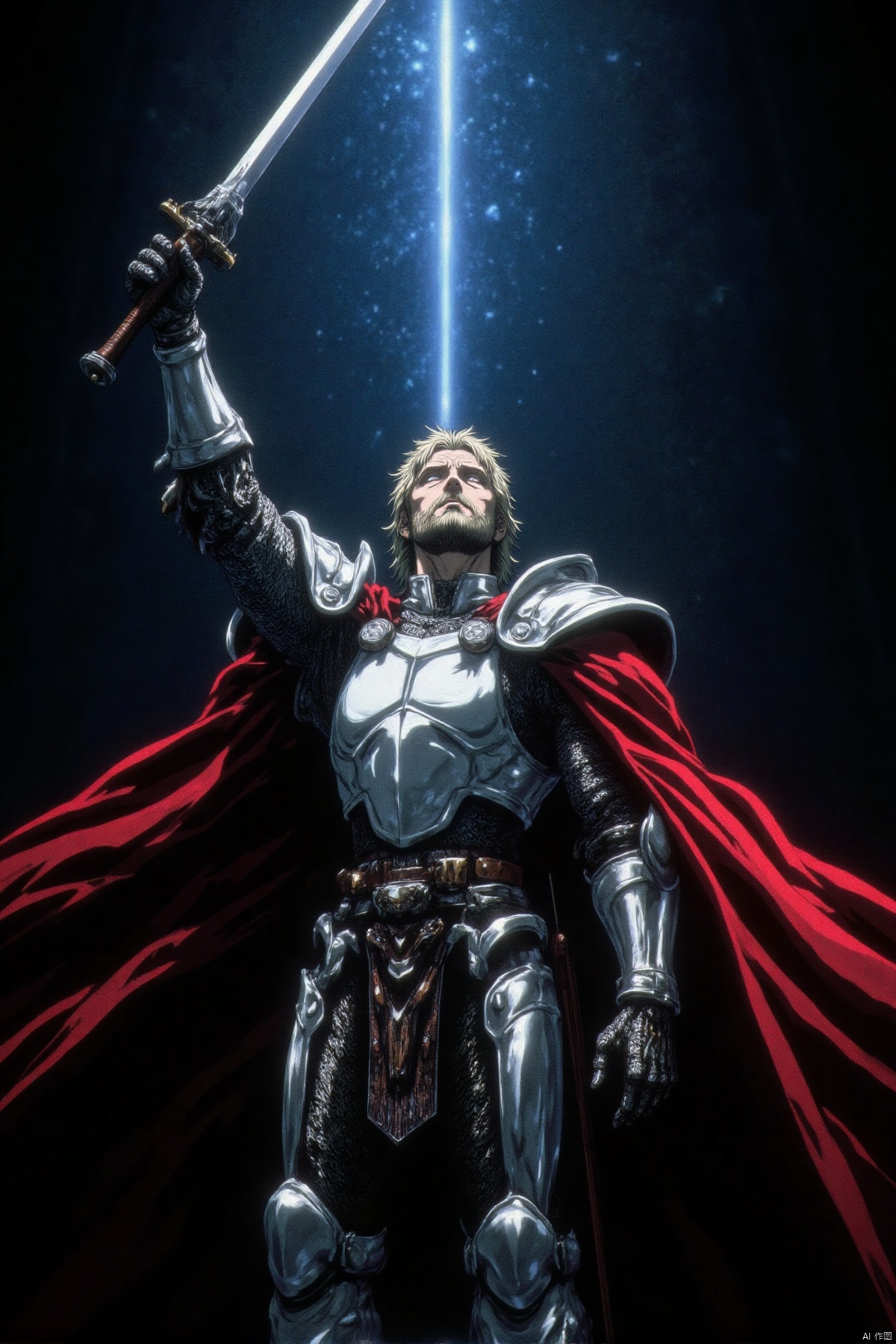 In a sweeping ultra-wide angle overhead view, a heroic figure stands poised for adventure against a backdrop of darkened night. The human hero, clad in gleaming white armor and a flowing red cloak, holds aloft a mighty sword as a beam of sacred light illuminates his upturned face from above. His features are sharply focused, bathed in the radiant glow, as if anointed by the heavens for his impending quest,TT,