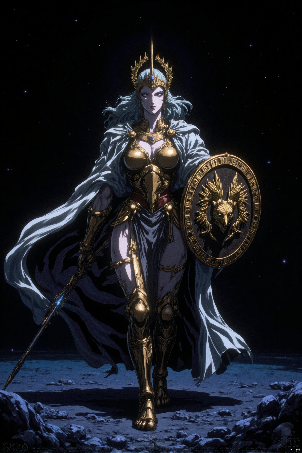 In the underworld of Hades, darkness envelops all like a heavy curtain, and the sky is filled with countless twinkling stars, mirroring the vast and distant cosmos. This realm is the dominion of the dead, a place where souls find their rest, echoing with eternal silence and mystery. The Goddess of Wisdom and War, Athena, descends here in an extraordinary manner, clad in her iconic golden armor and wearing a helmet adorned with olive branches and griffin motifs. Her silver robe flutters gently in the wind, its edges embroidered with delicate gold thread that glows with the light of dawn. In one hand, she holds a massive aegis shield, its surface emblazoned with the visage of Medusa, surrounded by intricate runes that emit a soft luminescence in the darkness, radiating protective power. In her other hand, she wields a spear, its tip sharp and gleaming with a cold light, ever ready to meet any challenge. Athena's eyes are like the brightest stars in the deep night sky, her pupils shimmering with silver light that stands out prominently in the darkened underworld. Her face is resolute and dignified, with a small gem embedded in the center of her forehead that emits a soft blue glow as she moves. The ground beneath her feet is covered by a faint halo composed of countless tiny starlights, leaving a briefly luminous trail behind her with every step. The surrounding air is infused with a subtle fragrance, a sanctified aroma emanating from her presence, blending the scents of olive trees and frankincense. As she moves, slight ripples form in the air,