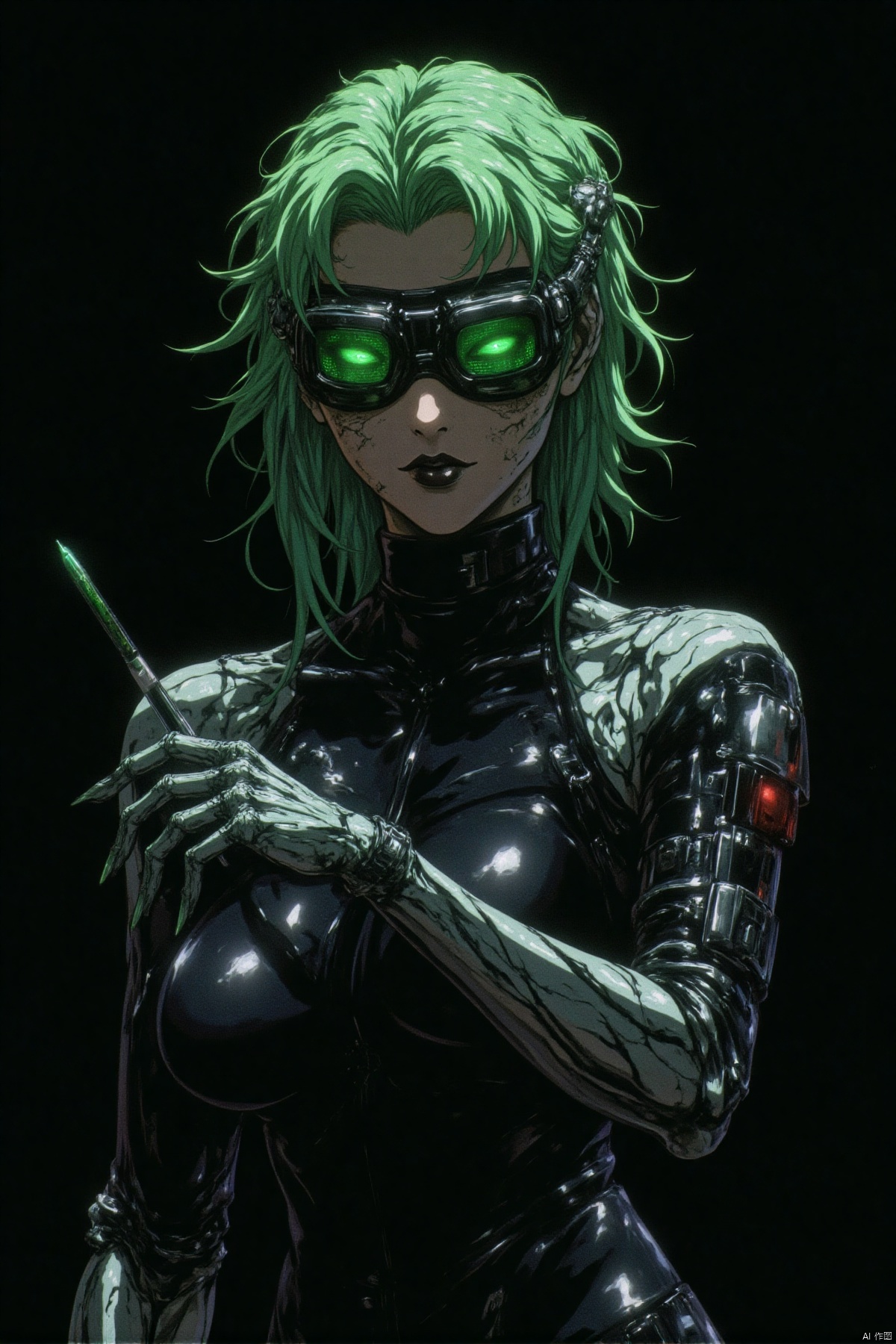 Standing sideways.In the strange atmosphere of biopunk, the upper body of this woman is full of mystery. Her hair presents a strange green color, as if it was stained by some special chemical agent, and there are also some small metal wires mixed among the hair strands.

Her eyes are wearing a pair of goggles with biological monitoring functions, and green data lights flash on the lenses from time to time.

She is wearing a tight-fitting suit made of special synthetic materials. The surface of the suit has vein-like patterns and changes color according to her emotions and physical state.

Her shoulders are covered with a layer of translucent protective film, and some tiny biosensors can be faintly seen flashing under it.

Her hands are wearing gloves with biochemical interfaces, and some green liquid is secreted from the fingertips from time to time. This liquid has strong corrosiveness. At her wrist, a small biochemical syringe is embedded, and the liquid inside shows a terrifying dark green color. 
