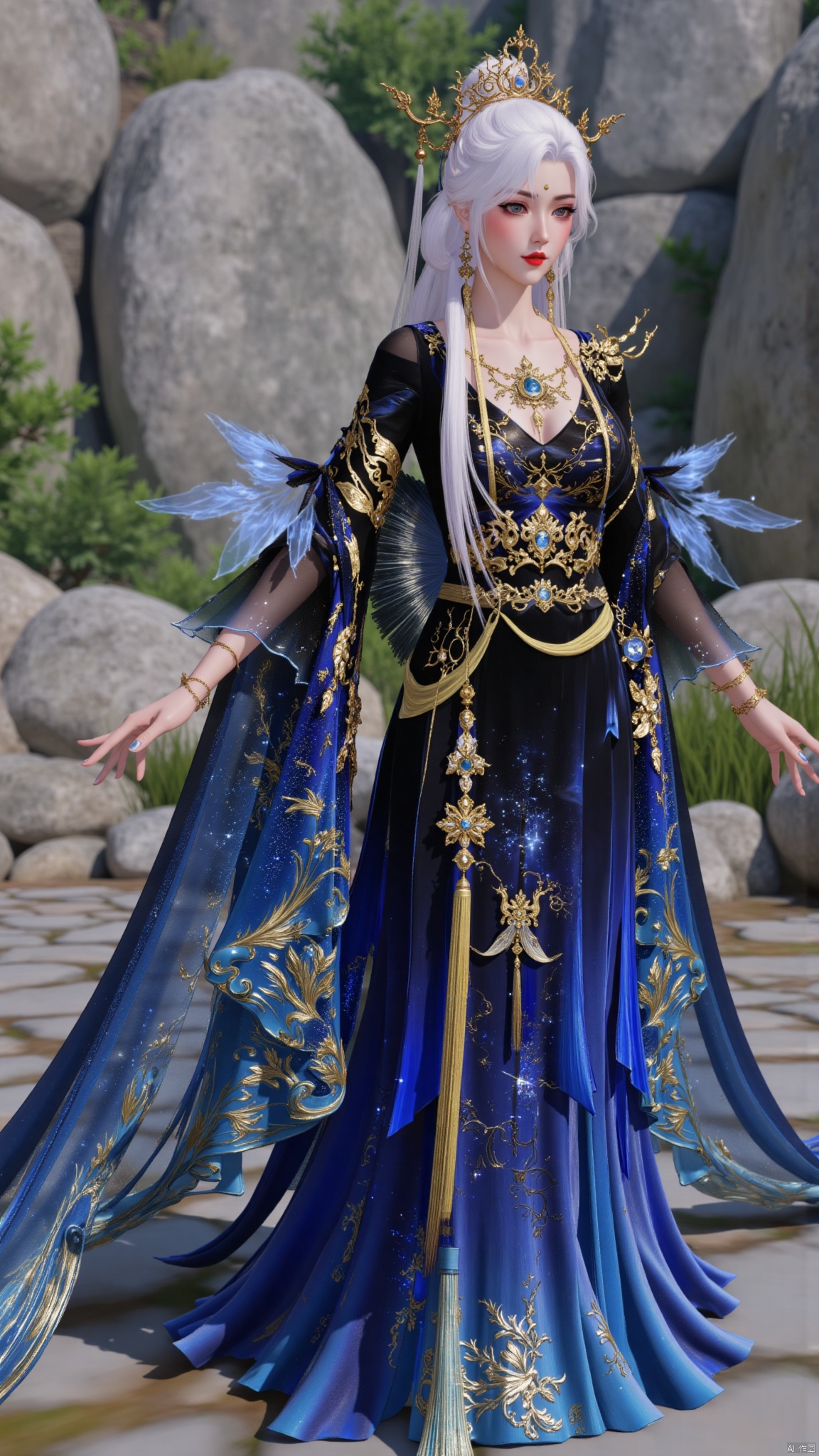 best quality,realistic,1girl,solo,breasts,huge breasts,huge buttocks,juru2,white hair,bangs,long hair,very long hair,hair ornament,crown,chinese clothes,tassel,long sleeves,wide sleeves,dress,black dress,blue dress,backless dress,bird,braid,black high heels,jewelry,necklace,bracelet,sparkle,makeup,red lips,change,huolinger,QipaoQ,HANFU DRESS.