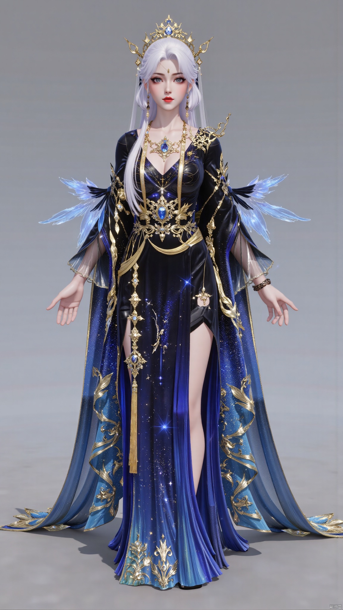 best quality,realistic,1girl,solo,breasts,huge breasts,huge buttocks,juru2,white hair,bangs,long hair,very long hair,hair ornament,crown,chinese clothes,tassel,long sleeves,wide sleeves,dress,black dress,blue dress,backless dress,bird,braid,black high heels,jewelry,necklace,bracelet,sparkle,makeup,red lips,change,huolinger