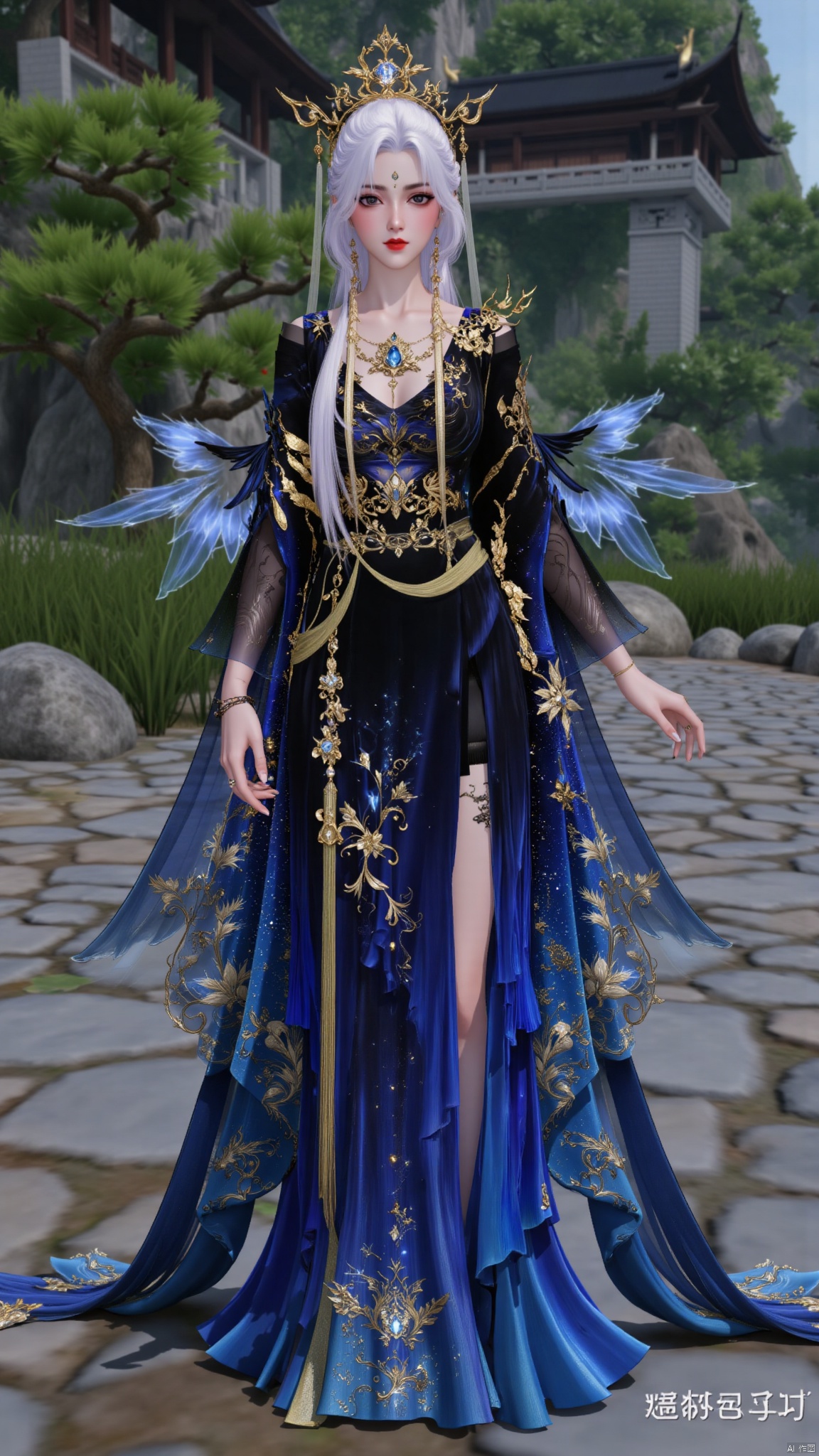 best quality,realistic,1girl,solo,breasts,huge breasts,huge buttocks,juru2,white hair,bangs,long hair,very long hair,hair ornament,crown,chinese clothes,tassel,long sleeves,wide sleeves,dress,black dress,blue dress,backless dress,bird,braid,black high heels,jewelry,necklace,bracelet,sparkle,makeup,red lips,change,huolinger,QipaoQ,HANFU DRESS.