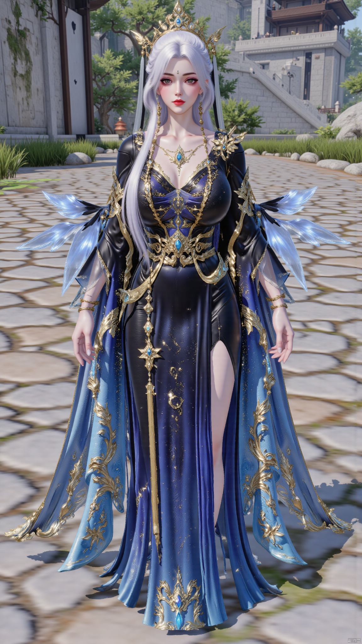 best quality,realistic,1girl,solo,breasts,huge breasts,huge buttocks,juru2,white hair,bangs,long hair,very long hair,hair ornament,crown,chinese clothes,tassel,long sleeves,wide sleeves,dress,black dress,blue dress,backless dress,bird,braid,black high heels,jewelry,necklace,bracelet,sparkle,makeup,red lips,change