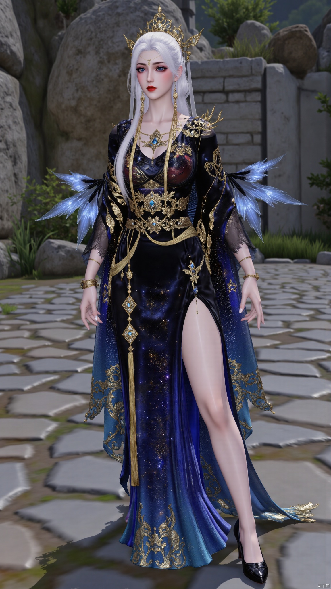 best quality,realistic,1girl,solo,breasts,huge breasts,huge buttocks,juru2,white hair,bangs,long hair,very long hair,hair ornament,crown,chinese clothes,tassel,long sleeves,wide sleeves,dress,black dress,blue dress,backless dress,bird,braid,black high heels,jewelry,necklace,bracelet,sparkle,makeup,red lips,change,huolinger,QipaoQ