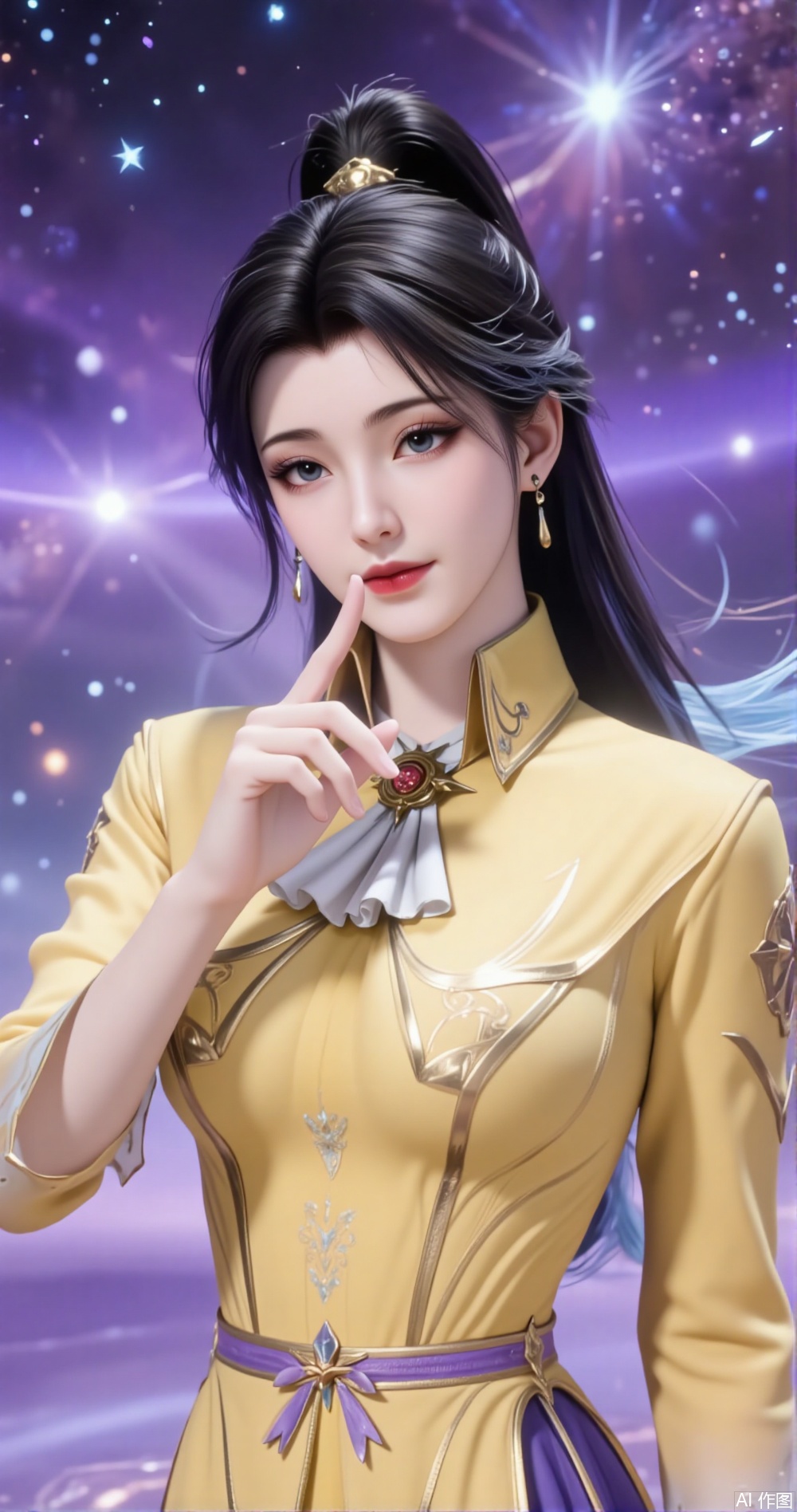 Against the backdrop of a vast starry sky, a girl in a yellow Chinese practice outfit stands quietly, exuding a unique charm and personality. Her black hair is tied into a high ponytail, the ends slightly curled and shimmering with a soft glow under the starlight. Her fringe neatly falls over her forehead, slightly covering her slightly furrowed brow, which reveals a hint of defiance and determination. Her blue starry eyes are deep and mysterious, with countless stars seemingly twinkling within her pupils. Her long lashes, feather-light under the starlight, flutter slightly, adding a touch of dreamy charm.

Her pink lips curve into a faint smile, as if hiding inner joy. Her expression carries a hint of playfulness and confidence, her gaze slanting to one side as if she's observing something intriguing. Her facial features are soft and delicate, her skin appearing exceptionally fair under the starlight, as if glowing with a soft luminescence.

Her right hand rises, her index finger pointing straight at the middle of her mouth, as if signaling a secret or a mysterious message. Her fingers are slender and long, her nails neatly trimmed and clean, exuding an elegant charm. Her arm lines are smooth, her movements natural, revealing a calm and confident demeanor.

Her yellow Chinese practice outfit is simple yet exquisite, with exquisite golden patterns embroidered on the collar and cuffs, as if mimicking the stars in the galaxy. The fabric is light and soft, swaying gently with the breeze, as if merging with the starry sky. A thin purple silk ribbon is tied around her waist, its ends fluttering in the wind, adding a touch of ethereal beauty.

The background is a magnificent starry sky, with a deep purple canopy dotted with countless twinkling stars, as if a grand galaxy spans across the horizon. The light of the galaxy bathes her in a mysterious purple glow. The starlight forms a soft halo around her, as if she is the ruler of this starry expanse.
