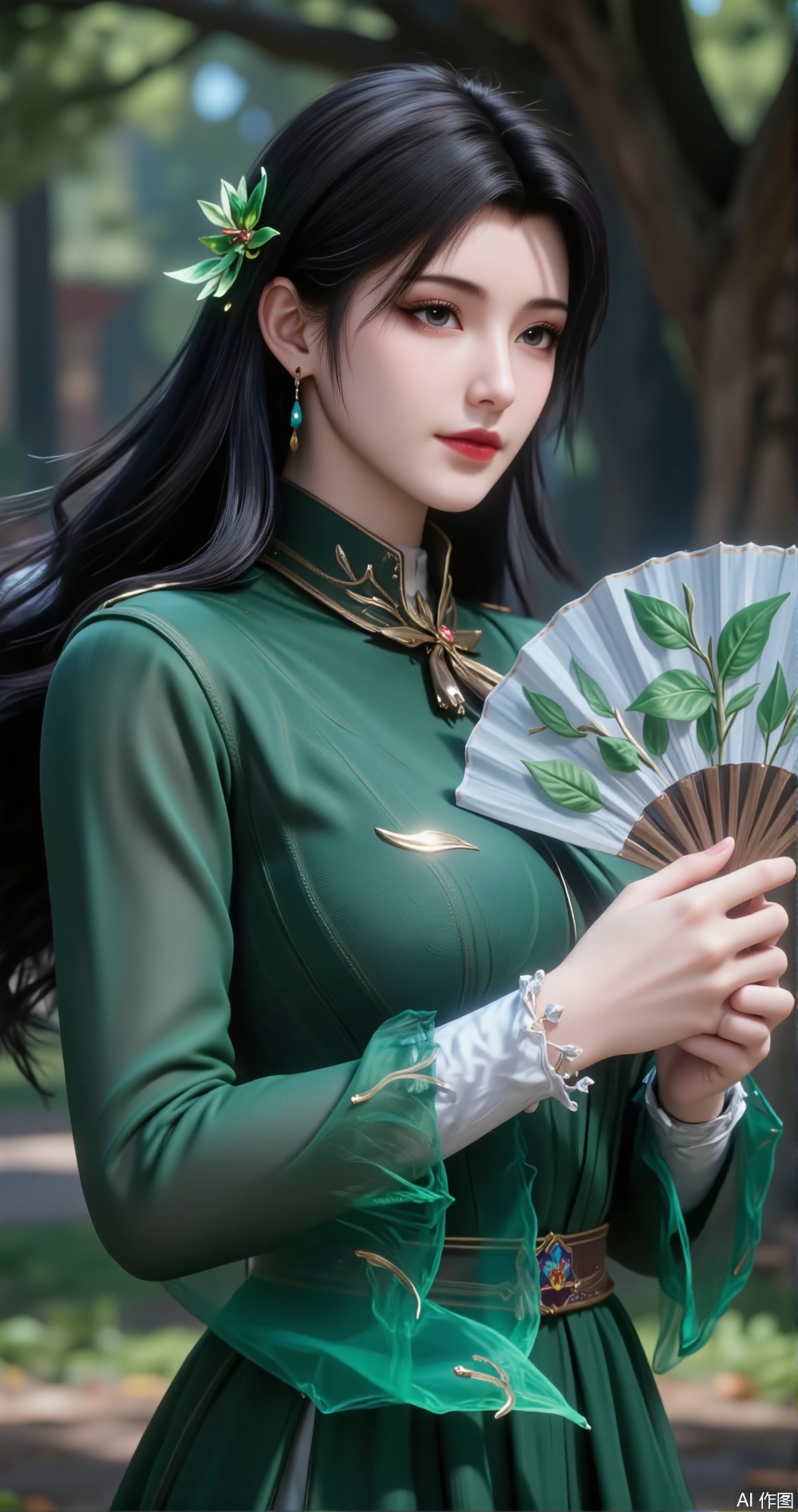In a deep, shadowy forest, a girl in a green dress stands quietly beneath an ancient oak tree, exuding natural and mysterious charm. Her black hair falls haphazardly over her shoulders, its strands lightly swaying in the breeze, as if merging with the forest. Her hair is unkempt, appearing naturally carefree, with slightly curled ends shimmering with a soft glow under the sunlight. Her fringe casually falls over her forehead, her slightly furrowed brow revealing a hint of gentleness and contemplation. Her emerald green eyes are as clear as the forest's most pristine lake, reflecting swaying leaves within her pupils. Her long lashes cast faint shadows under the sunlight.

Her pink lips curve into a subtle smile, as if savoring the tranquility and beauty of the forest. Her expression carries a touch of gentleness and composure, as if she is part of nature itself. Her facial features are soft and delicate, her skin appearing exceptionally fair under the sunlight, radiating a soft glow.

Her right hand gently rises, holding a delicate fan, the fan's surface adorned with leaves and vines, as if merging with the forest. The fan gently unfolds, swaying slightly with her movements, as if transmitting a gentle signal to the forest. Her fingers are slender and long, her nails neatly trimmed and clean, exuding an elegant charm. Her arm lines are smooth, her movements natural, revealing a calm and graceful demeanor.

Her green dress is simple yet elegant, its hem dancing gently with the breeze, as if swaying in harmony with the forest's leaves. The fabric is light and soft, as if made of morning dew. A thin brown silk ribbon is tied around her waist, its ends fluttering in the wind, adding a touch of ethereal beauty.