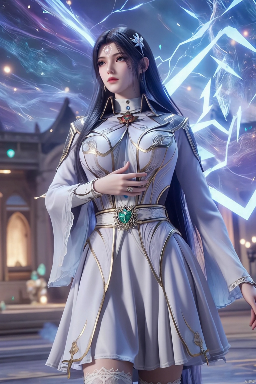 In a surreal photo, a stunning female elf stands out against a vibrant backdrop of a fantasy castle and a swirling nebula.   She wears a breathtaking white wedding dress with intricate details, her long black hair cascading down her back like a river of moonlight.   The lighting is dramatic, with electric arcs dancing across the sky, casting an otherworldly glow on the scene.   In the foreground, the elf's pose is elegant and poised, her shiny pantyhose catching the light as she gazes out into the galaxy.   The composition is striking, with a beautiful western-style castle rising up in the background, its stone walls glowing softly under the neon hues of the nebula.   The overall effect is one of high-contrast fantasy, where the boundaries between reality and dreams blur seamlessly.  She holds a The Hope Diamond between her breasts, her hands on her chest, the cleavage cradling The Hope Diamond with a sense of regal elegance.   The camera captures her from a high angle, focusing on her upper body and TheHope Diamond in her cleavage.  There is a tattoo under the collarbone,which reads: Fanfu Suzi.,dlls
