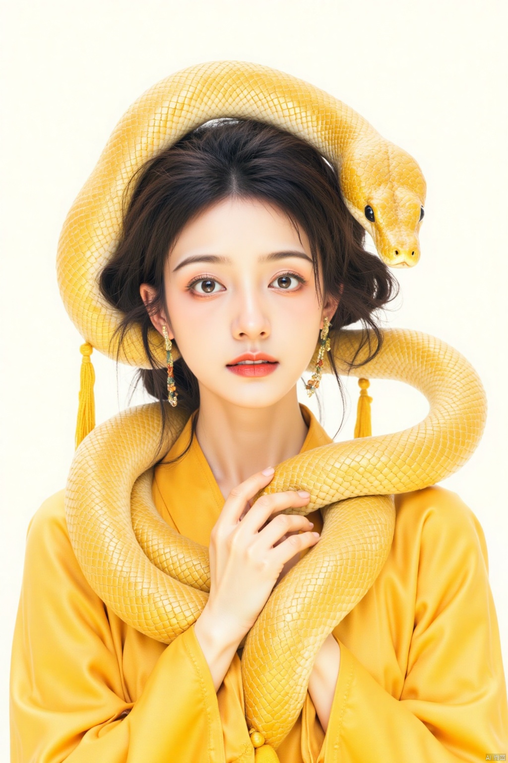 gold snake,a beautiful Asian woman,dressed in a golden kimono,
adorned with a headdress adorned with gold tassels. Her hair is styled in a sleek bob,
and her lips are painted a deep red. Her dress is adorned in a vibrant yellow hue,
accentuated by the intricate pattern. The backdrop is a stark white,
creating a stark contrast to the woman's outfit.
