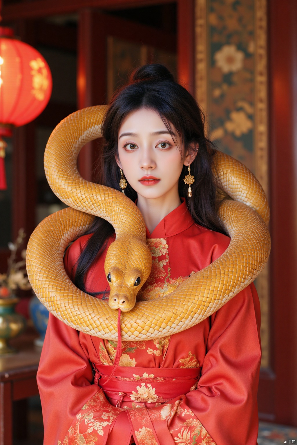 gold snake,a beautiful Asian woman,dressed in a chinese dress,
Her hair is styled in a sleek bob,
and her lips are painted a deep red. Her dress is adorned in a vibrant red hue,
accentuated by the intricate pattern. The backdrop is a chinese newyear room,
creating a stark contrast to the woman's outfit.