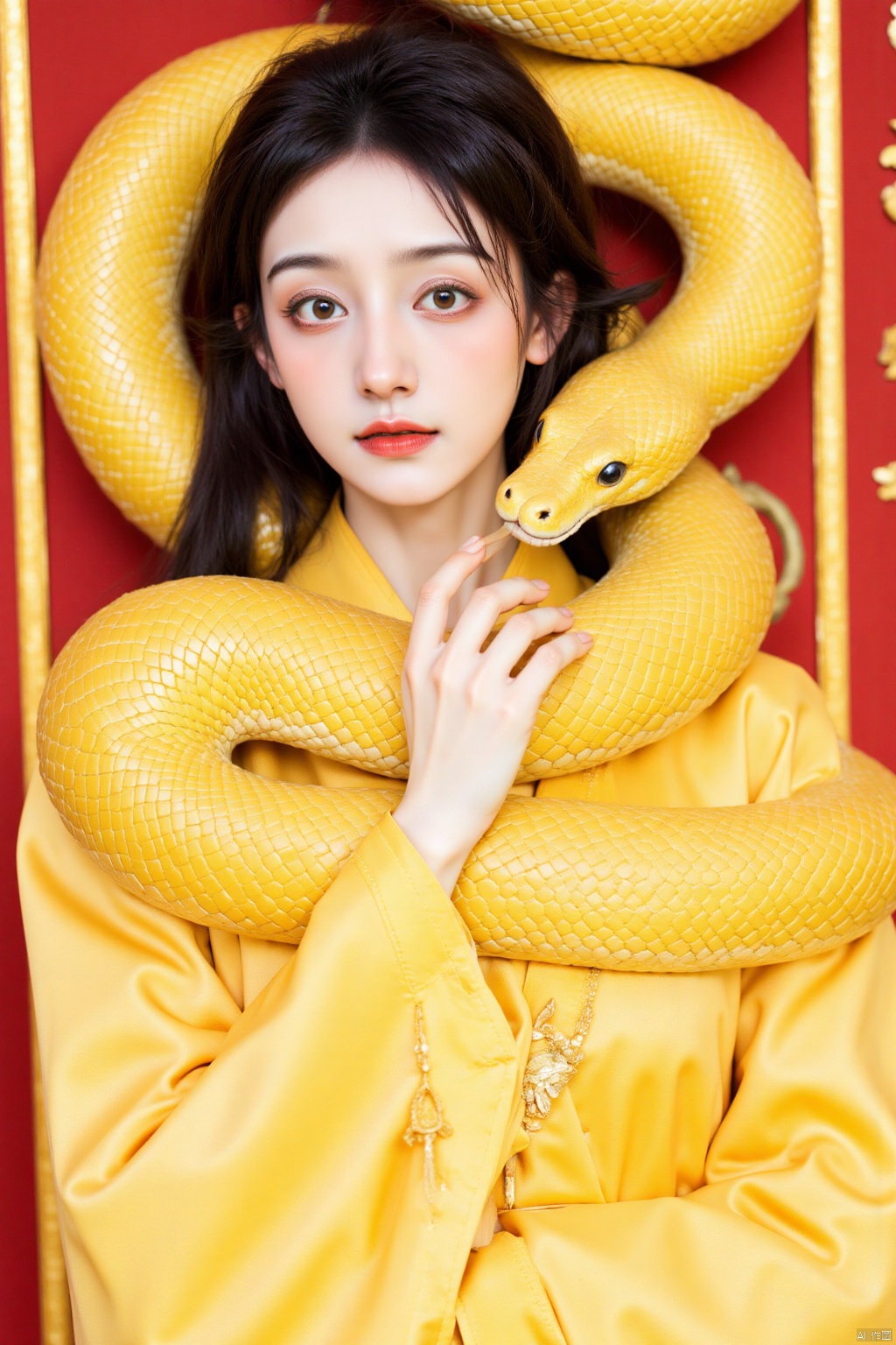 gold snake,a beautiful Asian woman,dressed in a golden,
Her hair is styled in a sleek bob,
and her lips are painted a deep red. Her dress is adorned in a vibrant yellow hue,
accentuated by the intricate pattern. The backdrop is chinese newyear,
creating a stark contrast to the woman's outfit.