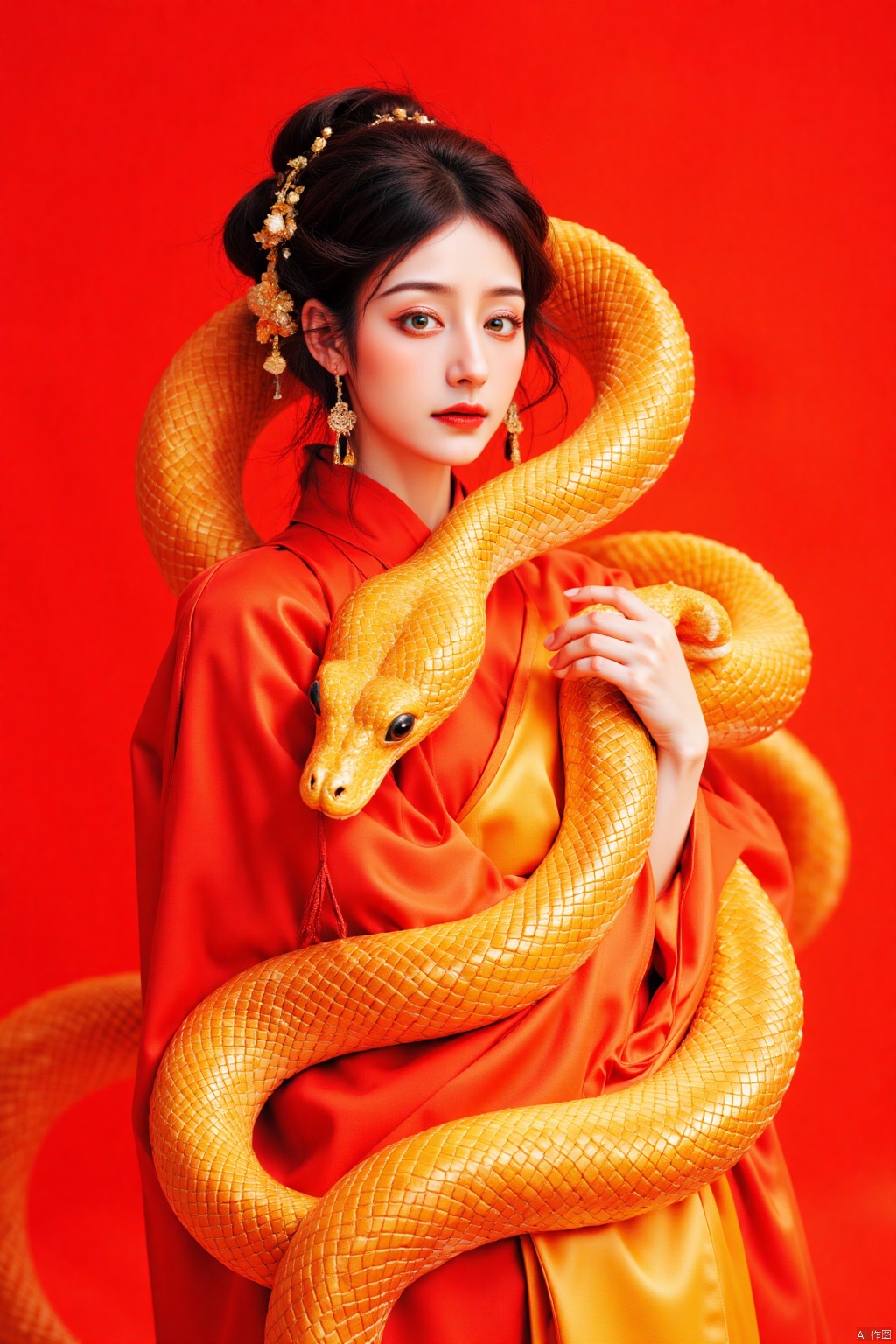 gold snake,a beautiful Asian woman,dressed in a golden ,
In the brilliant red background, a snake slithers slowly, its body forming a smooth S-shape, resembling a dynamic calligraphy piece. The scales on the snake's body glisten with a deep luster under the red glow, creating a stark contrast with the fiery red backdrop. Its eyes sparkle in the red light, revealing a hint of mystery and allure, filling the entire scene with dynamism and vitality.magazine cover
