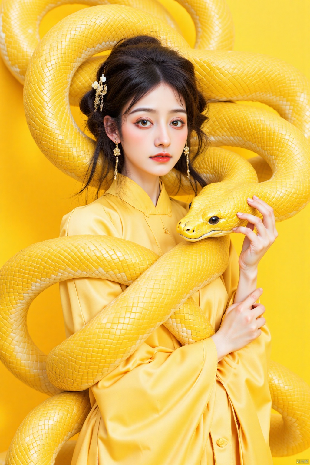 gold snake,a beautiful Asian woman,dressed in a golden,
Her hair is styled in a sleek bob,
and her lips are painted a deep red. Her dress is adorned in a vibrant yellow hue,
accentuated by the intricate pattern. The backdrop is chinese newyear,
creating a stark contrast to the woman's outfit.