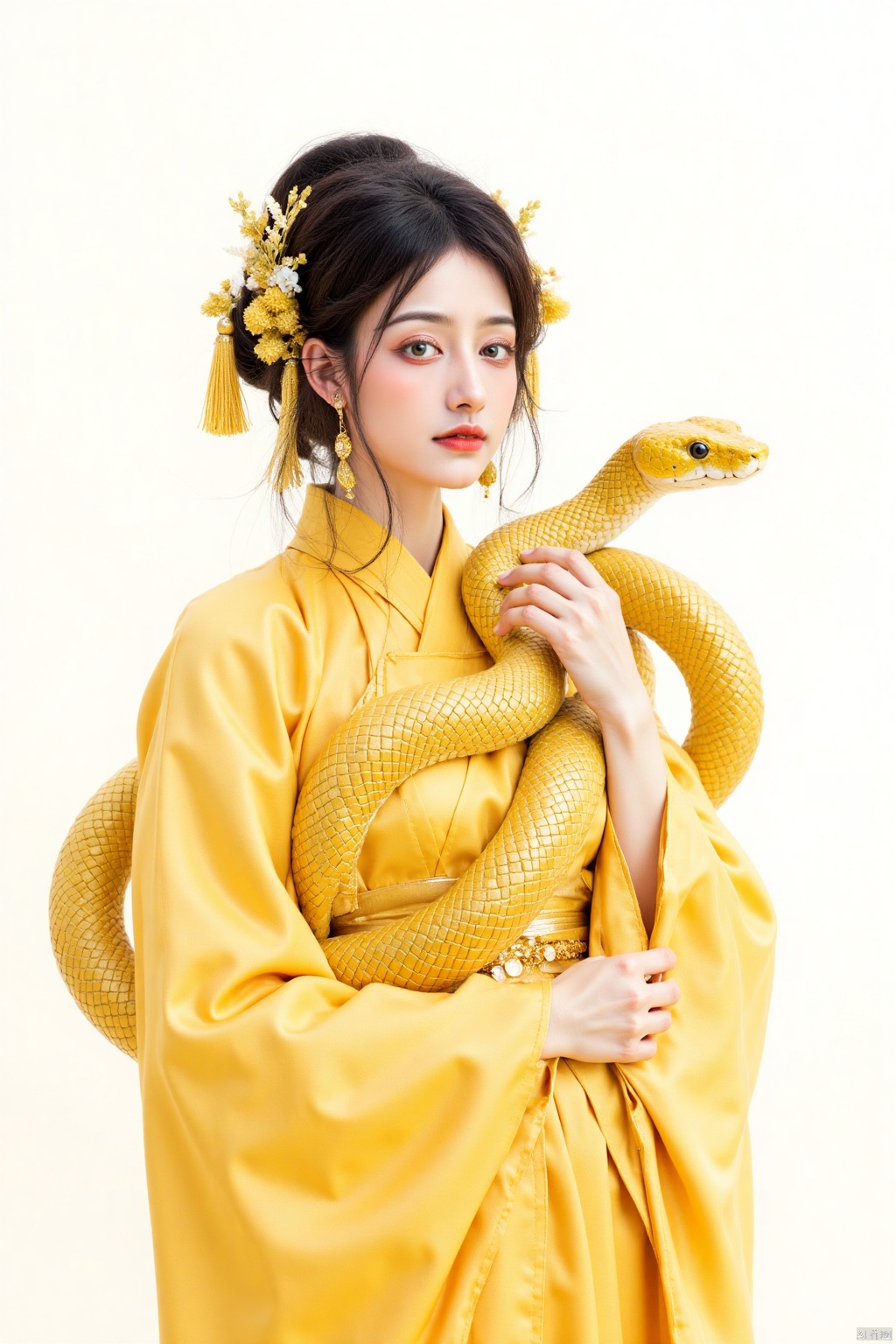 gold snake,a beautiful Asian woman,dressed in a golden kimono,
adorned with a headdress adorned with gold tassels. Her hair is styled in a sleek bob,
and her lips are painted a deep red. Her dress is adorned in a vibrant yellow hue,
accentuated by the intricate pattern. The backdrop is a stark white,
creating a stark contrast to the woman's outfit.
