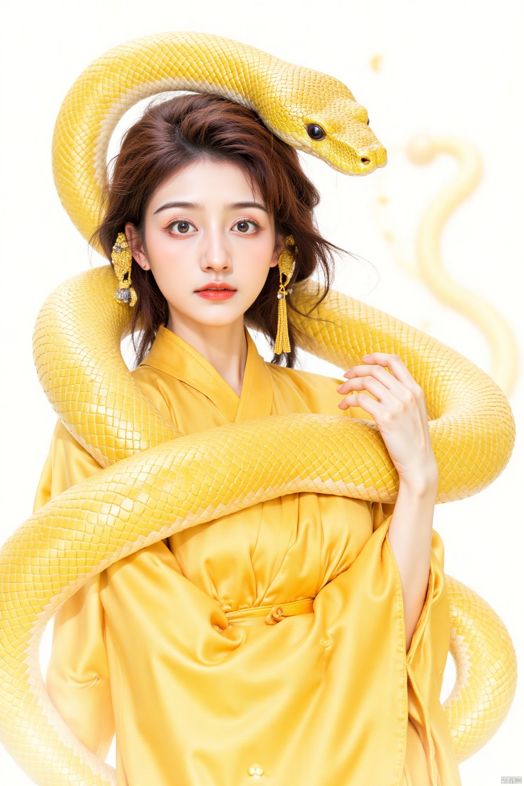 gold snake,a beautiful Asian woman,dressed in a golden kimono,
adorned with a headdress adorned with gold tassels. Her hair is styled in a sleek bob,
and her lips are painted a deep red. Her dress is adorned in a vibrant yellow hue,
accentuated by the intricate pattern. The backdrop is a stark white,
creating a stark contrast to the woman's outfit.
