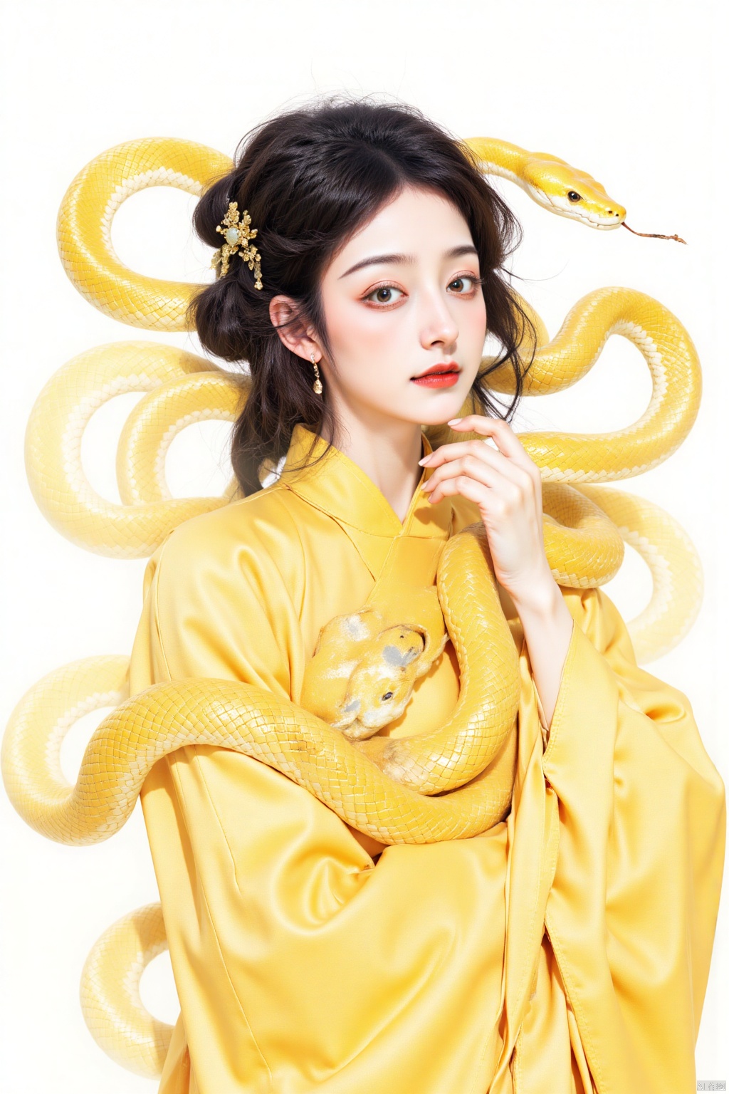 gold snake,a beautiful Asian woman,dressed in a golden kimono,
Her hair is styled in a sleek bob,
and her lips are painted a deep red. Her dress is adorned in a vibrant yellow hue,
accentuated by the intricate pattern. The backdrop is a stark white,
creating a stark contrast to the woman's outfit.