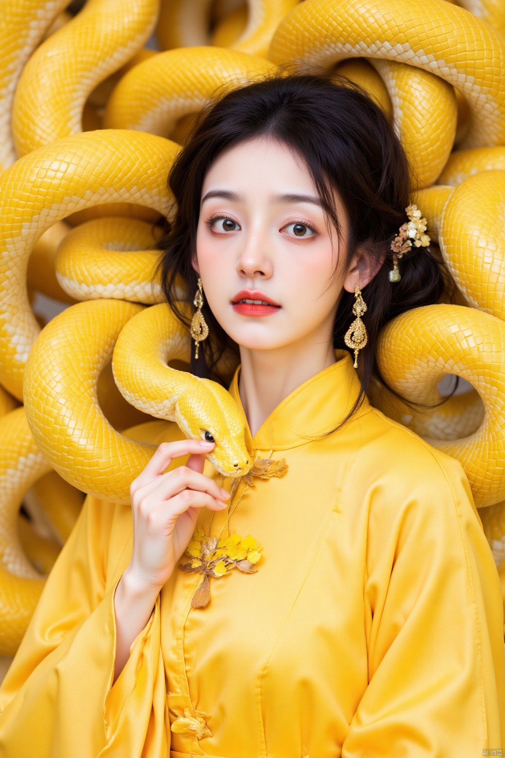 gold snake,a beautiful Asian woman,dressed in a golden,
Her hair is styled in a sleek bob,
and her lips are painted a deep red. Her dress is adorned in a vibrant yellow hue,
accentuated by the intricate pattern. The backdrop is chinese newyear,
creating a stark contrast to the woman's outfit.