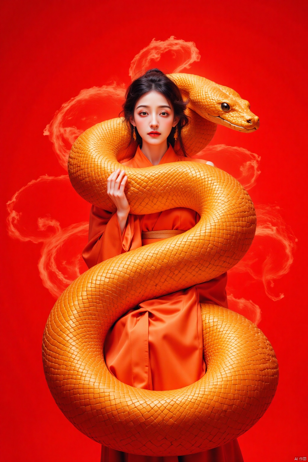gold snake,a beautiful Asian woman,dressed in a golden ,
In the brilliant red background, a snake slithers slowly, its body forming a smooth S-shape, resembling a dynamic calligraphy piece. The scales on the snake's body glisten with a deep luster under the red glow, creating a stark contrast with the fiery red backdrop. Its eyes sparkle in the red light, revealing a hint of mystery and allure, filling the entire scene with dynamism and vitality.
