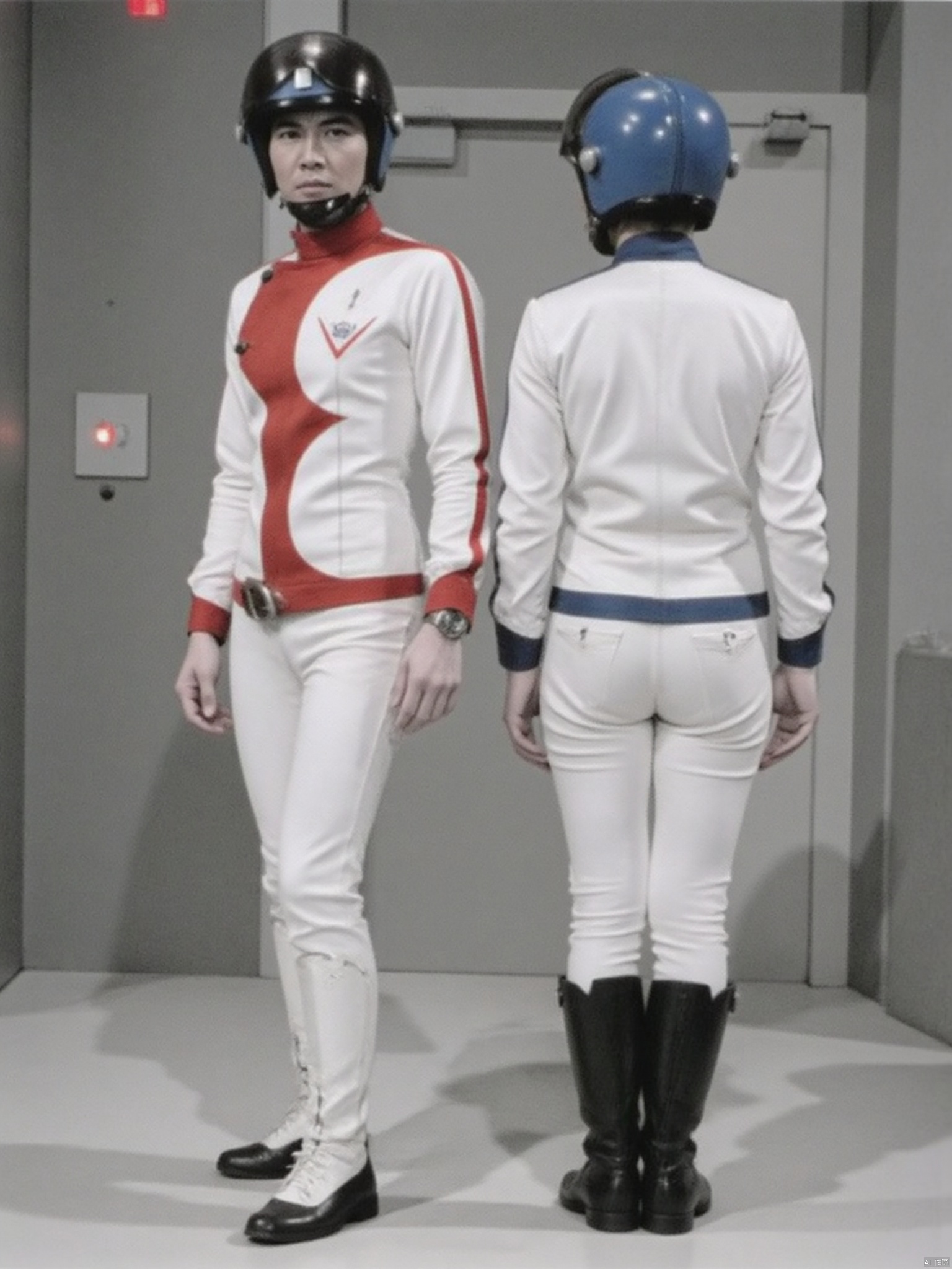 SGM,helmet,white pants,white jacket,collar,belt,logo,uniform,jacket,gloves,boots,emblem,pants,white gloves,black footwear,white jacket with blue line,white jacket with red line