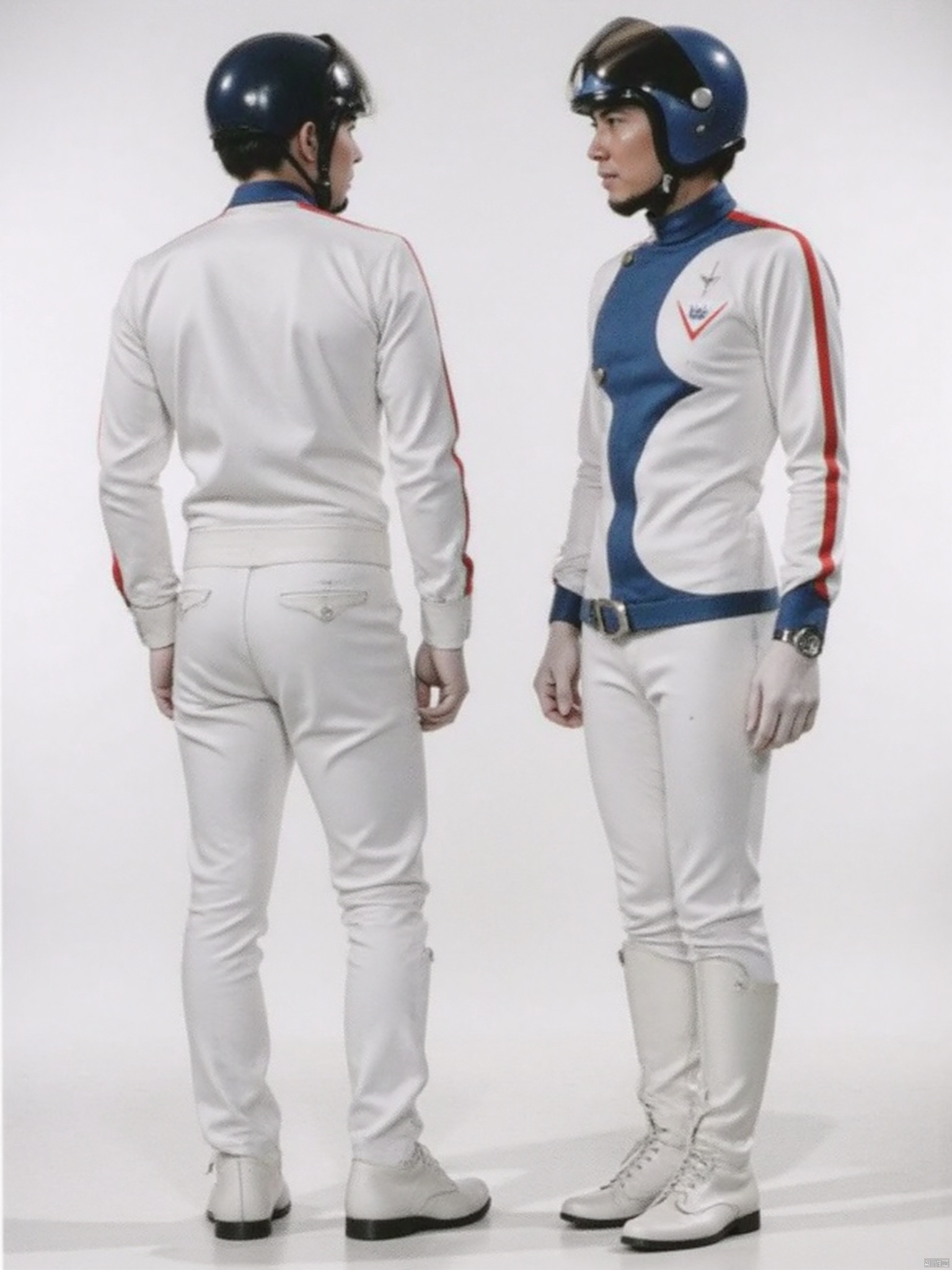 SGM,helmet,white pants,white jacket,collar,belt,logo,uniform,jacket,gloves,boots,emblem,pants,white gloves,black footwear,white jacket with blue line,white jacket with red line