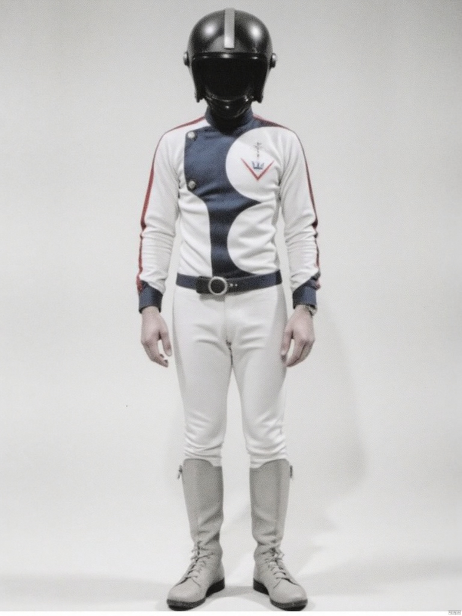 SGM,helmet,white pants,white jacket,collar,belt,logo,uniform,jacket,gloves,boots,emblem,pants,white gloves,black footwear,white jacket with blue line,white jacket with red line