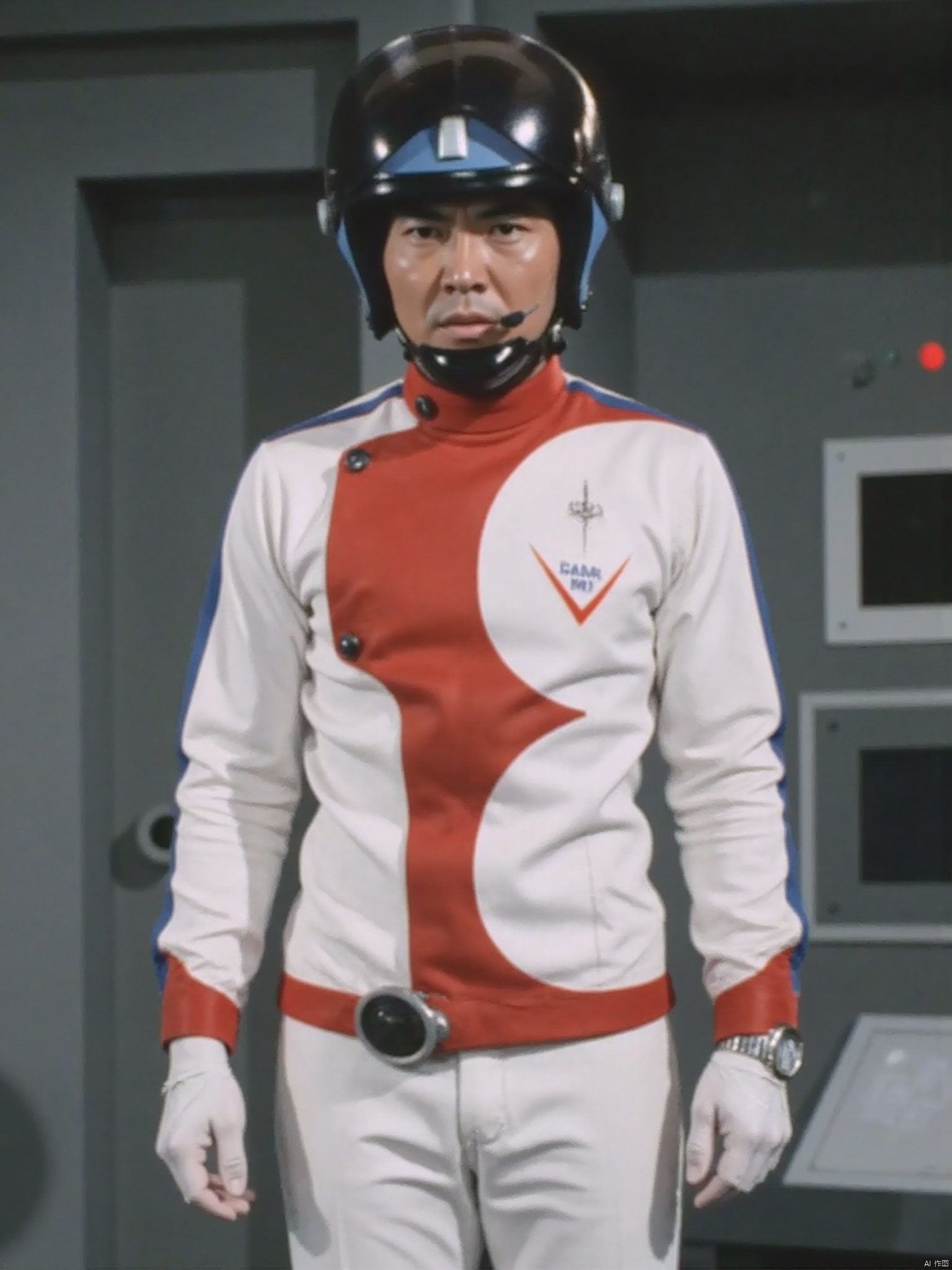 SGM,helmet,white pants,white jacket,collar,belt,logo,uniform,jacket,gloves,boots,emblem,pants,white gloves,black footwear,white jacket with blue line,white jacket with red line
