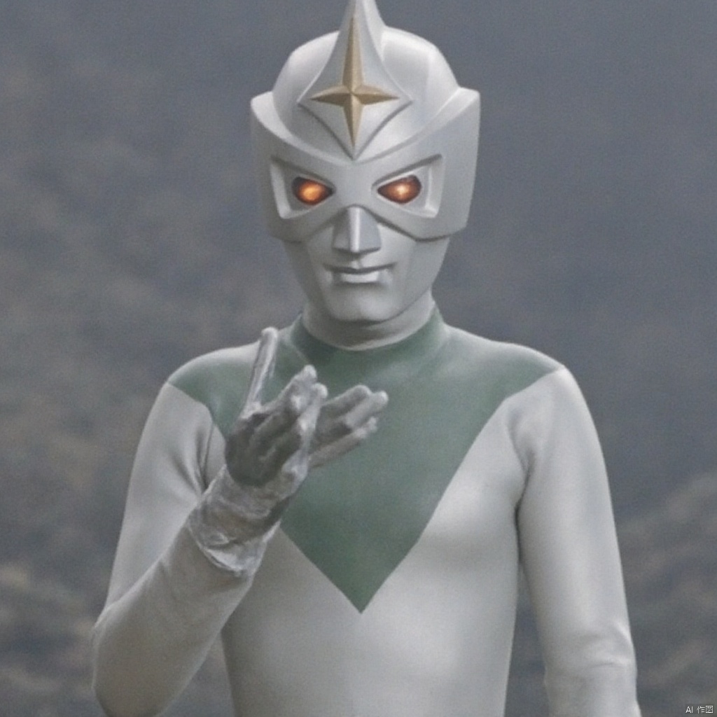 Mirrorman,ultraman,silver bodysuit,silver gloves,legwear,gloves,boots,cover,mask,plugsuit,armor,bodysuit,green pattern on body,silver tight-fitting,silver footwear,helmet,leather suit,latex,tokusatsu,no humans,science fiction,silver head,hard mask,no smile,no eyes,no nose,solo,silver rubber bodysuit with green line