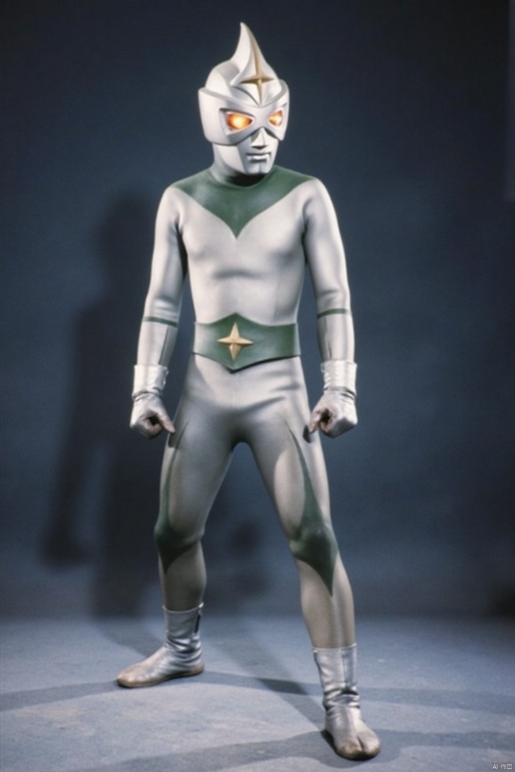 Mirrorman,ultraman,silver bodysuit,silver gloves,legwear,gloves,boots,cover,mask,plugsuit,armor,bodysuit,green pattern on body,silver tight-fitting,silver footwear,helmet,leather suit,latex,tokusatsu,no humans,science fiction,silver head,hard mask,no smile,no eyes,no nose,solo,silver rubber bodysuit with green line
