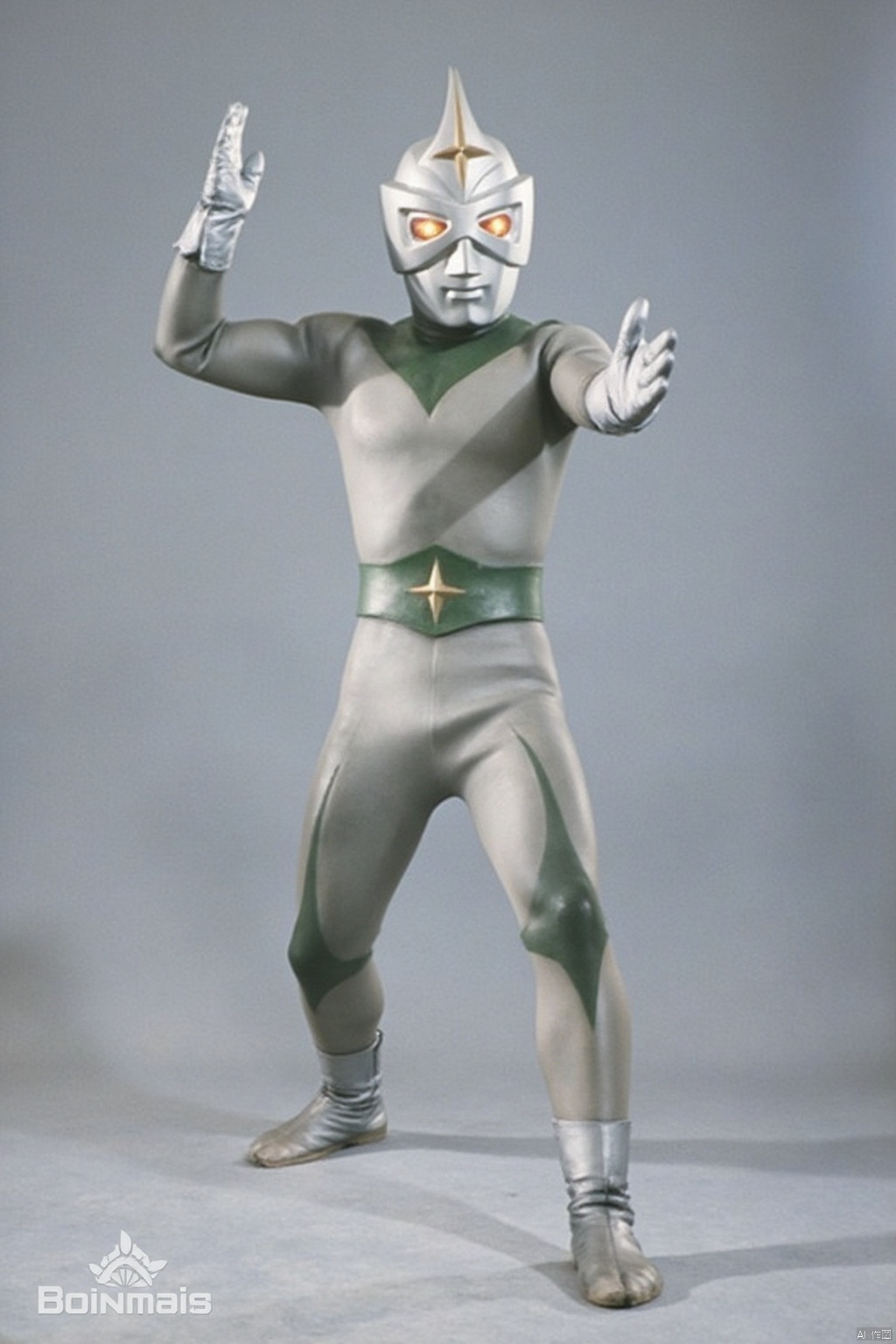 Mirrorman,ultraman,silver bodysuit,silver gloves,legwear,gloves,boots,cover,mask,plugsuit,armor,bodysuit,green pattern on body,silver tight-fitting,silver footwear,helmet,leather suit,latex,tokusatsu,no humans,science fiction,silver head,hard mask,no smile,no eyes,no nose,solo,silver rubber bodysuit with green line