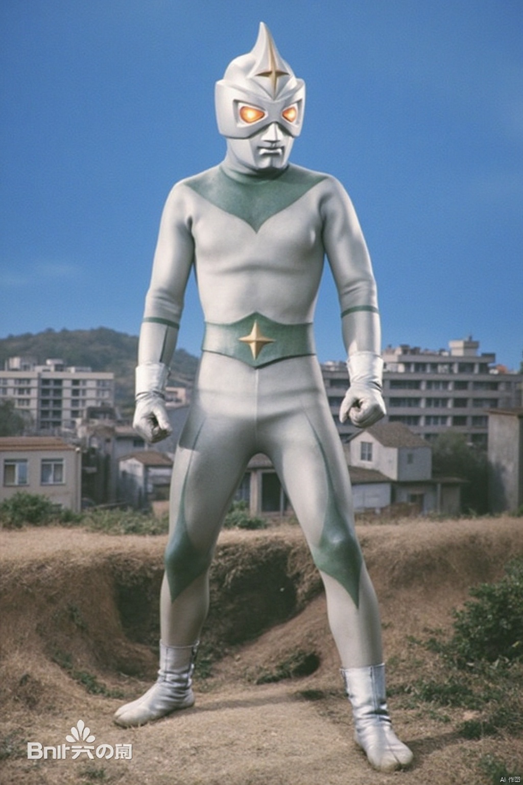 Mirrorman,ultraman,silver bodysuit,silver gloves,legwear,gloves,boots,cover,mask,plugsuit,armor,bodysuit,green pattern on body,silver tight-fitting,silver footwear,helmet,leather suit,latex,tokusatsu,no humans,science fiction,silver head,hard mask,no smile,no eyes,no nose,solo,silver rubber bodysuit with green line