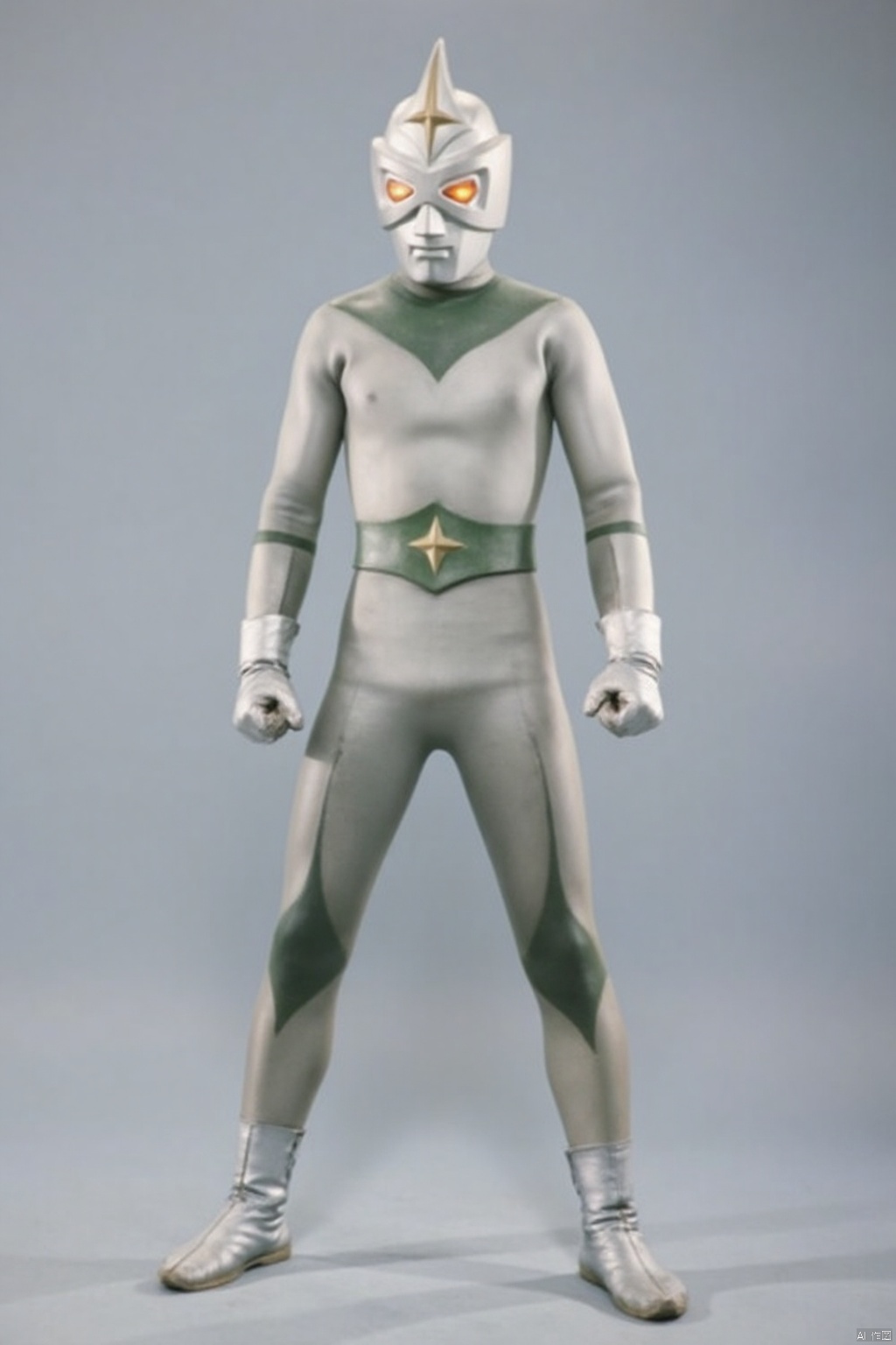 Mirrorman,ultraman,silver bodysuit,silver gloves,legwear,gloves,boots,cover,mask,plugsuit,armor,bodysuit,green pattern on body,silver tight-fitting,silver footwear,helmet,leather suit,latex,tokusatsu,no humans,science fiction,silver head,hard mask,no smile,no eyes,no nose,solo,silver rubber bodysuit with green line