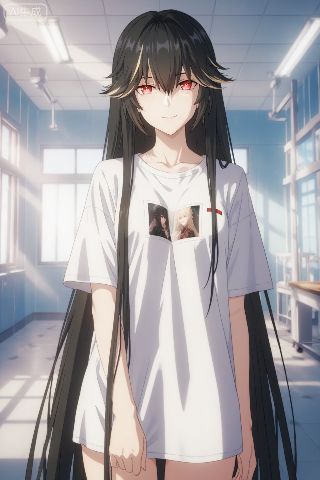 1girl, solo,lucia/punishing gray raven,blonde streaked hair, black hair,red eyes, hair between eyes,(very long hair,straight_hair:1.4),smooth anime-style texture,looking at viewer, soft sunlight through window, depth of field, cinematic lighting, anime style, detailed eyes reflection, soft shadows, hospital room interior, shallow focus,anime screencap,anime coloring,smile,front view,alternate costume,girlish,shirt,white shirt,cowboy shot