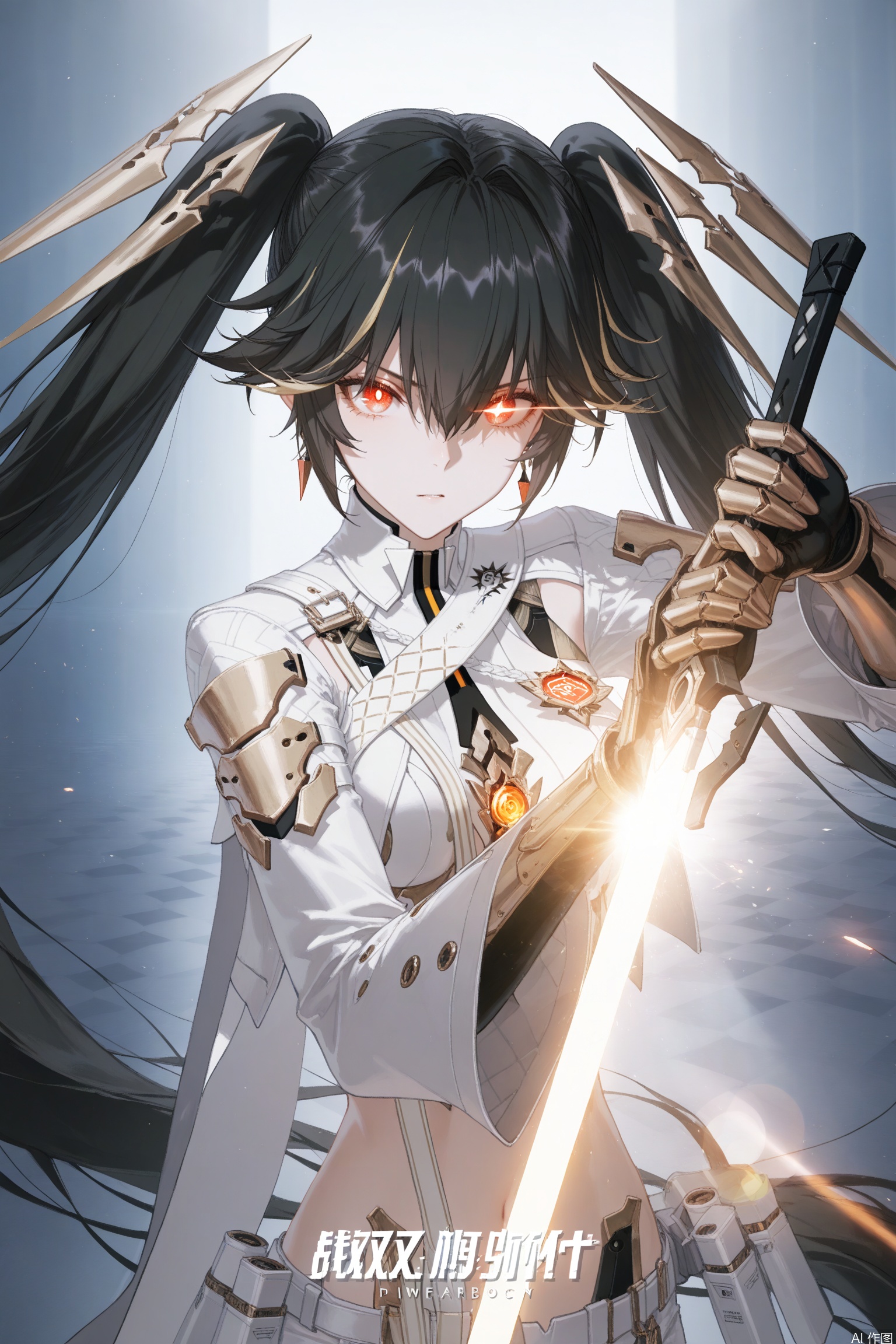 1girl, solo,lucia/punishing gray raven,blonde hair, black hair, red eyes,hair between eyes, twintails, jewelry, very long hair, multicolored hair, earrings, streaked hair, fighting_stance,weapon,brandishing a weapon,eye smear,glowing_eye,standing,the sword points to you,
//,
depth of field, light particles, lens flare, (artist:quasarcake:0.8),extreme aesthetic,(wlop:0.6), wanke,rella,wanke,masterpiece,best quality,good quality,newest ,year 2024, year 2023, very aesthetic,absurdres,Visual impact, A shot with tension, ultra-high resolution,32K UHD,sharp focus,best quality,masterpiece,Emotionalization masterpiece, unconventional supreme,masterful details,with a high end texture,in the style of fashion photography, (Visual impact:1.2),giving the poster a dynamic and visually striking appearance,impactful picture,offcial art,colorful ,splash of color, movie perspective, masterpiece,best quality,amazing quality,very aesthetic,absurdres,best quality,newest