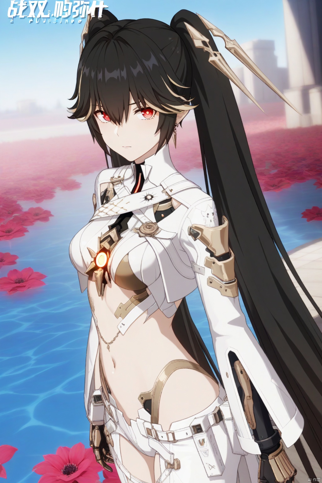 masterpiece,best quality,amazing quality,very aesthetic,absurdres,newest,anime screencap,anime coloring,lucia/punishing gray raven,1girl, solo, long hair, breasts, looking at viewer, bangs, blonde hair, black hair, red eyes, navel, hair between eyes, twintails, jewelry, very long hair, multicolored hair,streaked hair, gradient, android,looking to side,daylight,shining sun,flower sea,,outdoors,blue sky,from above