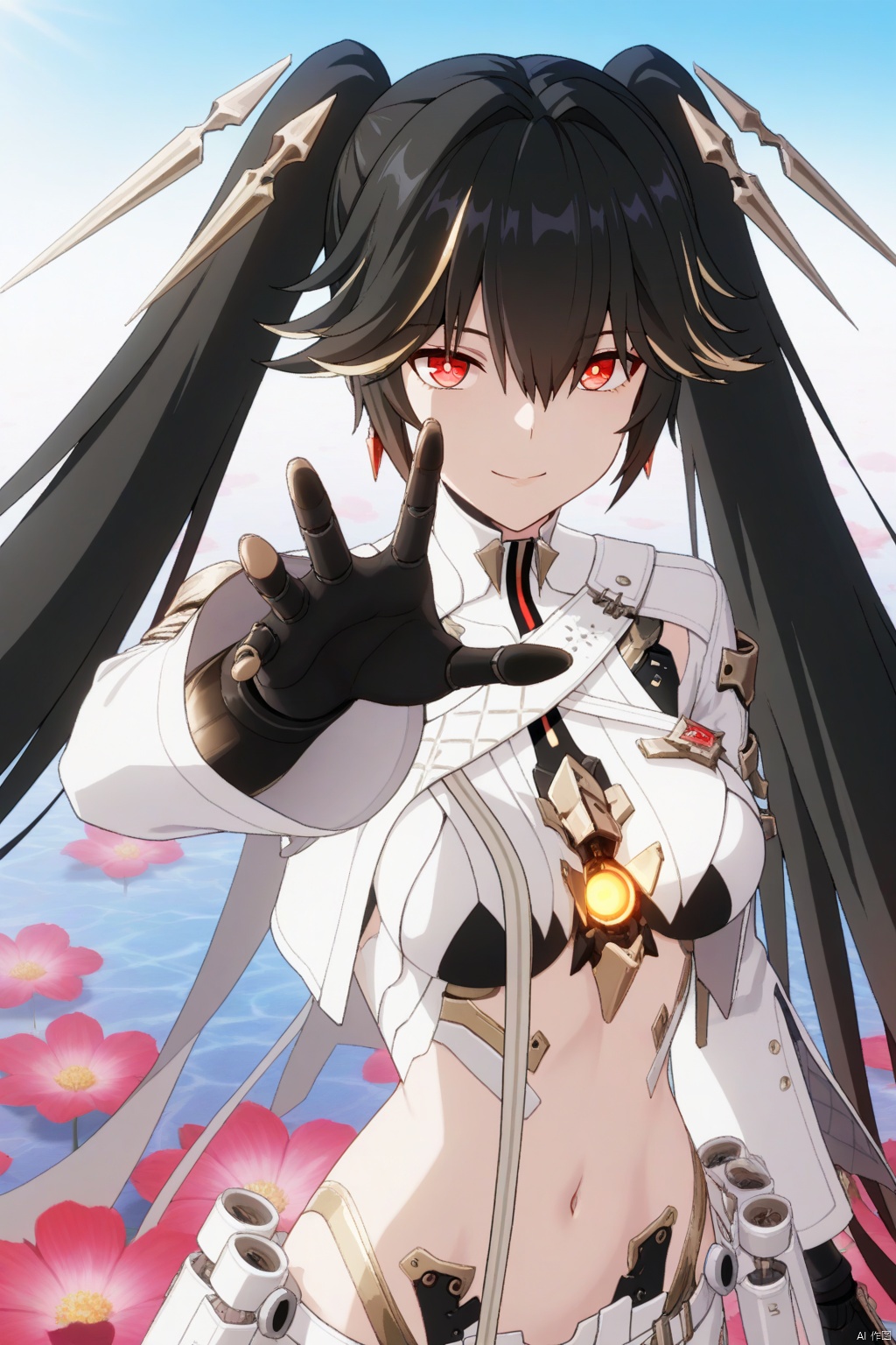 masterpiece,best quality,amazing quality,very aesthetic,absurdres,newest,anime screencap,anime coloring,lucia/punishing gray raven,1girl, solo, long hair, breasts, looking at viewer, bangs, blonde hair, black hair, red eyes, navel, hair between eyes, twintails, jewelry, very long hair, multicolored hair,streaked hair, gradient, android,looking to side,daylight,shining sun,flower sea,blue sky,from above,smile,reaching out