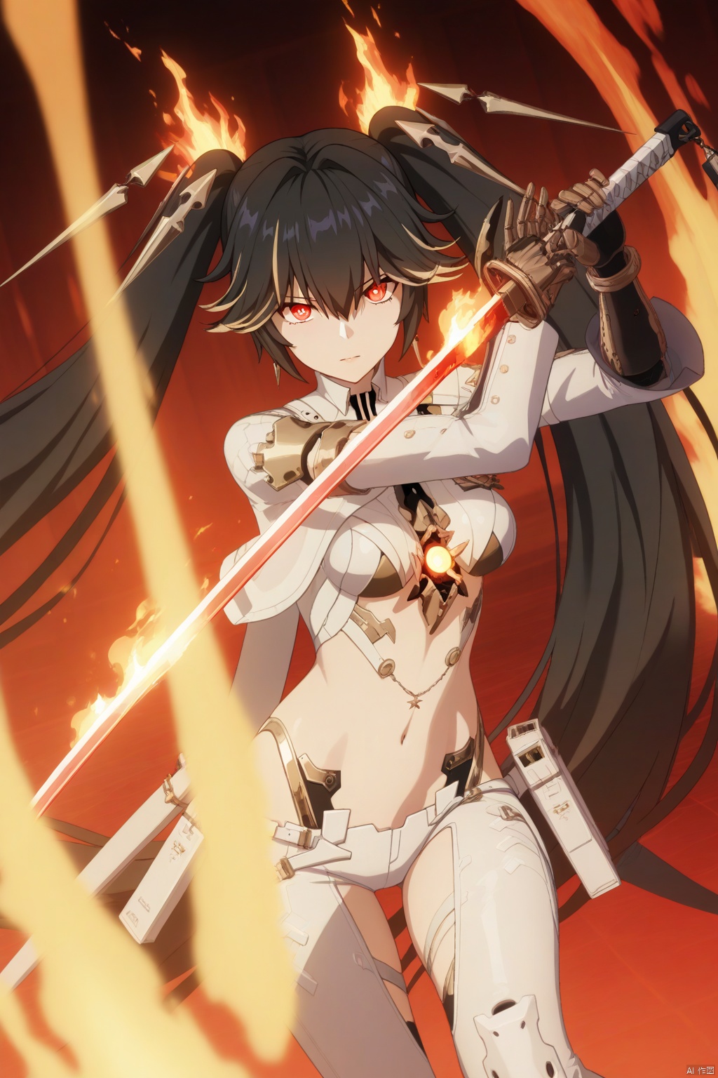 masterpiece,best quality,amazing quality,very aesthetic,absurdres,newest,anime screencap,anime coloring,lucia/punishing gray raven,1girl, solo, long hair, breasts, looking at viewer, bangs, blonde hair, black hair, red eyes, navel, hair between eyes, twintails, jewelry, very long hair, multicolored hair,streaked hair, gradient, android,determind eyes,Flames rising, fire surrounding, wielding a mechanical katana,dutch angle,fighting stance