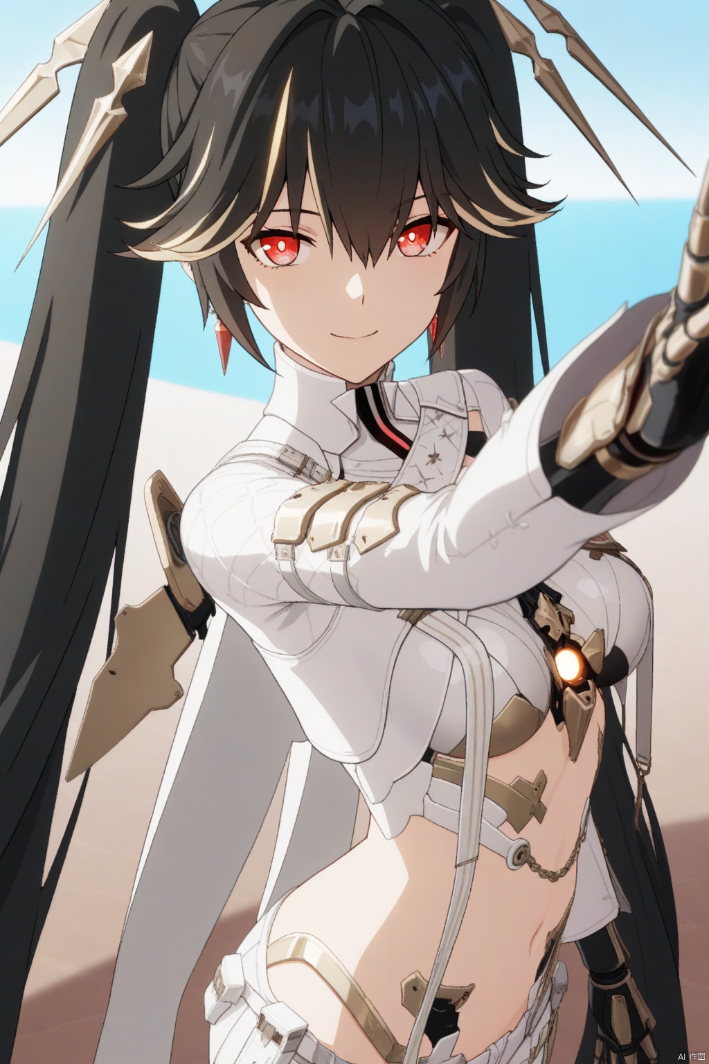 masterpiece,best quality,amazing quality,very aesthetic,absurdres,newest,anime screencap,anime coloring,lucia/punishing gray raven,1girl, solo, long hair, breasts, looking at viewer, bangs, blonde hair, black hair, red eyes, navel, hair between eyes, twintails, jewelry, very long hair, multicolored hair,streaked hair, gradient, android,looking to side,daylight,shining sun,flower sea,blue sky,from above,smile,reaching out