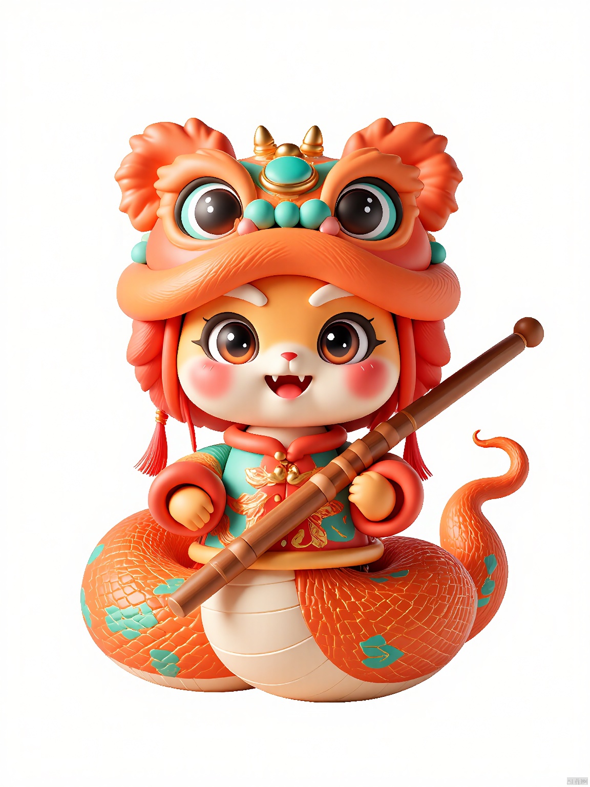 SNIP, The background is white,
Introducing the teal snake dressed in a stunning Indonesian batik-inspired outfit. The snake boasts intelligent, observant eyes and a composed expression, carrying a bamboo flute painted in teal and coral hues in its right hand. The ensemble is bordered with orange silk, and showcases intricate batik patterns in shades of teal, gold, and crimson.
