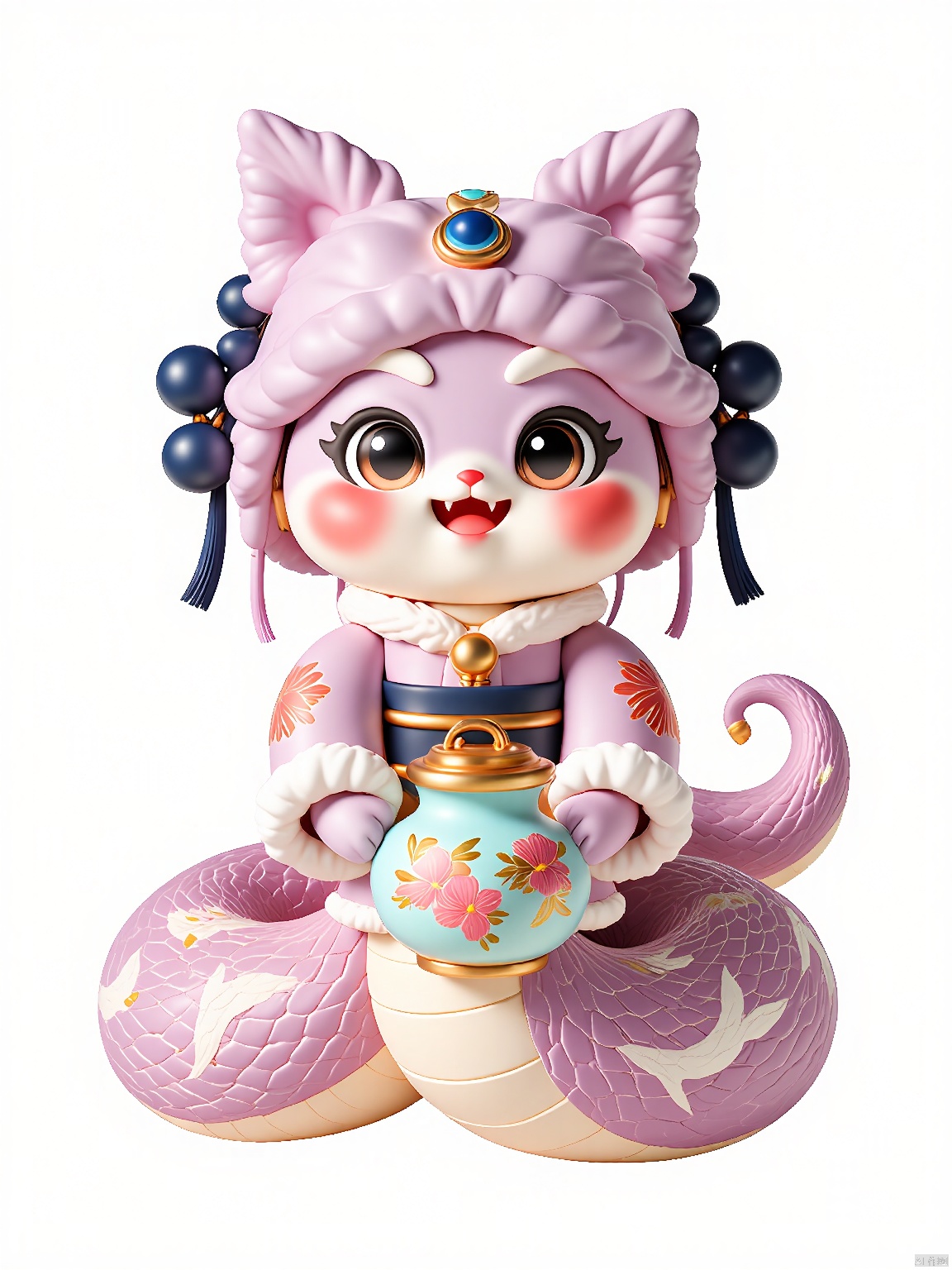 SNIP, The background is white,
Here is a lavender snake wearing a traditional Japanese yukata. The snake has soft, dreamy eyes and a calm smile, clutching a delicate porcelain vase painted with cherry blossoms in its left hand. The yukata features navy blue sashes, and displays a lavender and gold wave pattern, complemented by white cranes.
