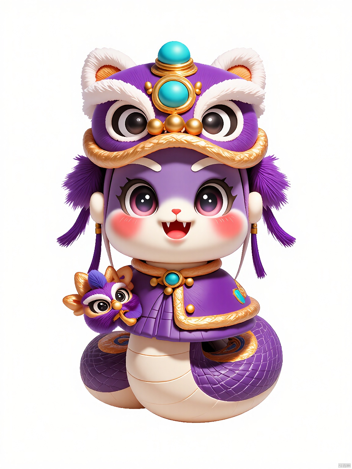 SNIP, The background is white,
Here comes a purple snake dressed in an elegant peacock-inspired attire. The snake sports vivid, lively eyes and a serene expression, cradling a purple and silver feathered mask in its right hand. The ensemble is bordered with gold lace, and features a vibrant peacock feather design with turquoise accents.
