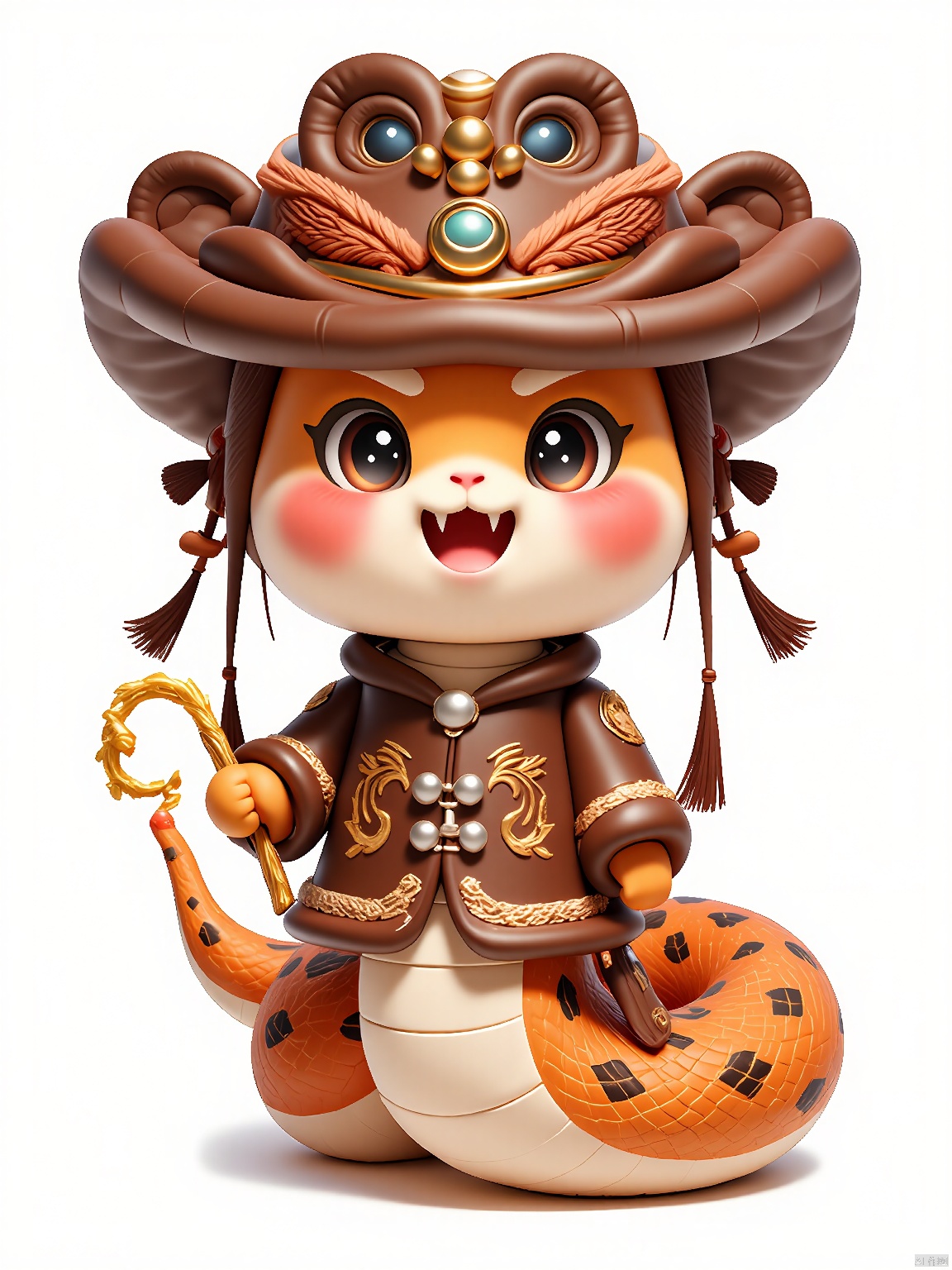 SNIP, The background is white,
See the brown snake adorned in a rustic cowboy hat and chaps. The snake has sharp, alert eyes and a rugged demeanor, gripping a golden lasso in its left hand. The attire is bordered with dark brown leather, and features an intricate brown and tan leather pattern, detailed with silver stitching.
