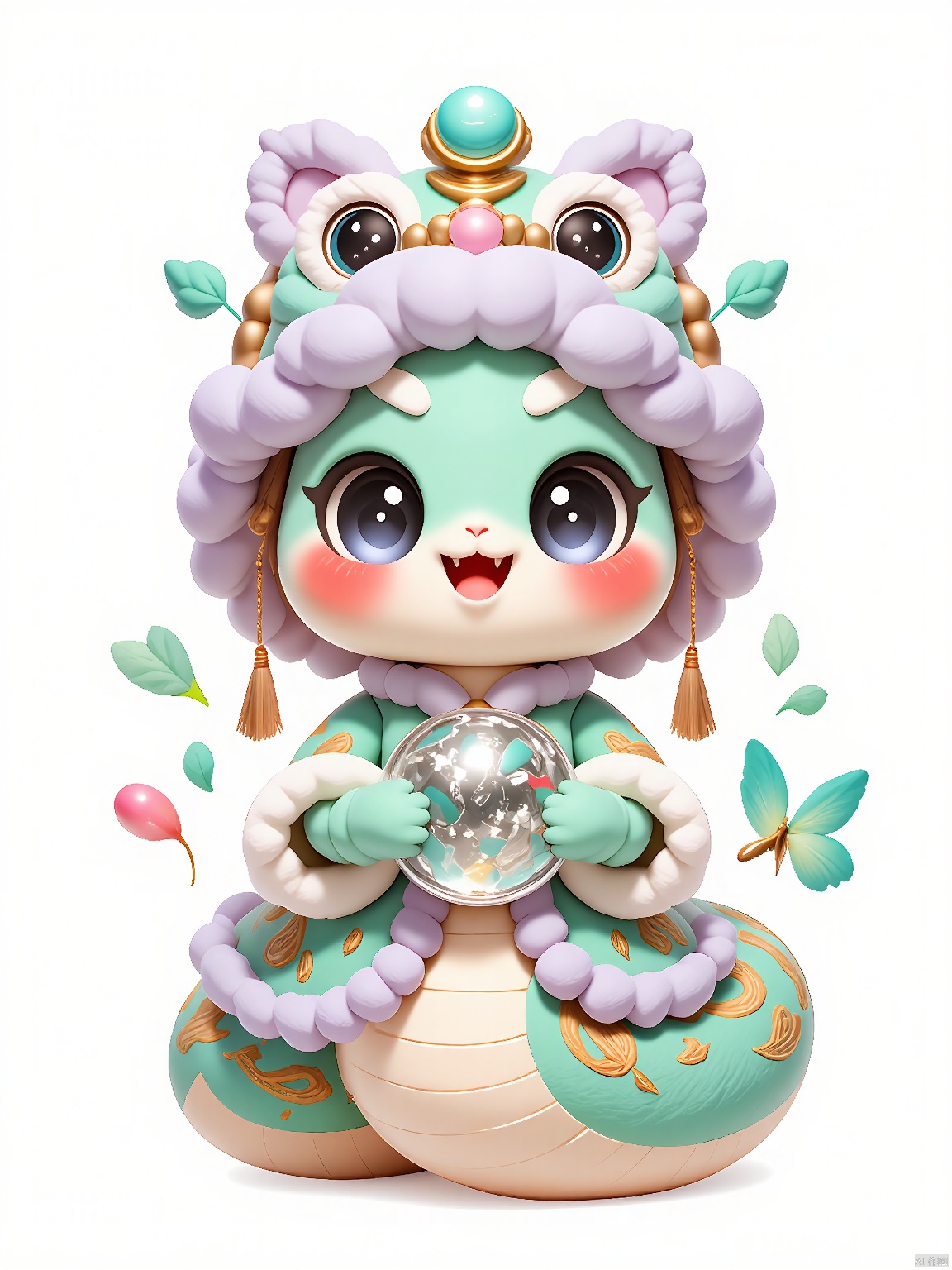 SNIP, The background is white,
Meet the mint green snake dressed in a whimsical fairy tale gown. The snake has whimsical, twinkling eyes and a joyful smile, cradling a crystal ball adorned with silver and mint green sparkles in its left hand. The gown is trimmed with lavender lace, and displays a mint green and silver floral pattern, complemented by butterfly accents.
