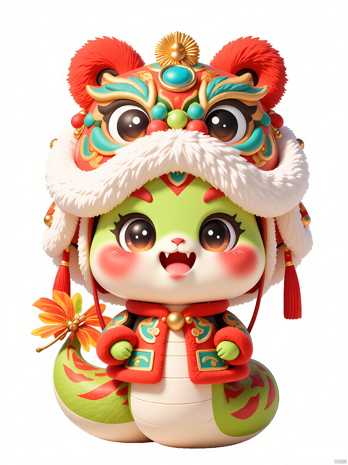 SNIP, The background is white,
This is a green snake adorned in traditional Chinese dragon costume. The snake boasts large, expressive eyes and a wise countenance, holding a golden and blue fan in its left hand. The outfit features crimson fur trim, adorned with a gold and green pattern, complete with a sapphire dragonfly on it.
