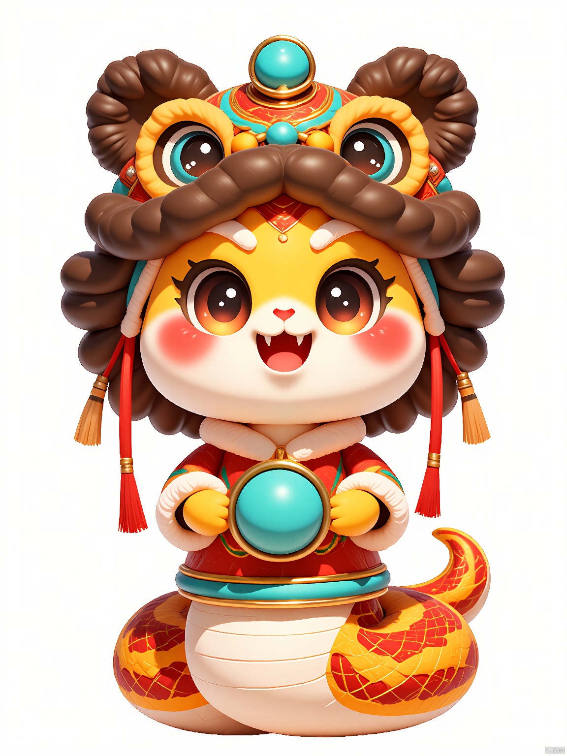 SNIP, The background is white,
Meet the turquoise snake donned in a stunning African dashiki. The snake has vibrant, expressive eyes and a joyful demeanor, gripping a turquoise and gold drum in its right hand. The dashiki features an intricate, colorful pattern, and boasts turquoise and gold embroidered accents, detailed with crimson and silver threads.

