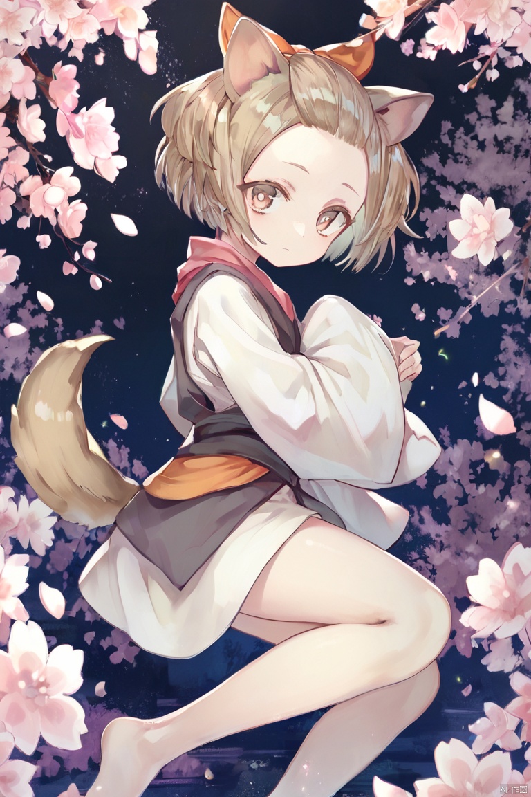 score_9,score_8,score_7, Ash Blossom & Joyous Spring \(ygo\), 1girl, solo, short hair, brown hair, ribbon, brown eyes, dog ears, tail, japanese clothes, barefoot, forehead,